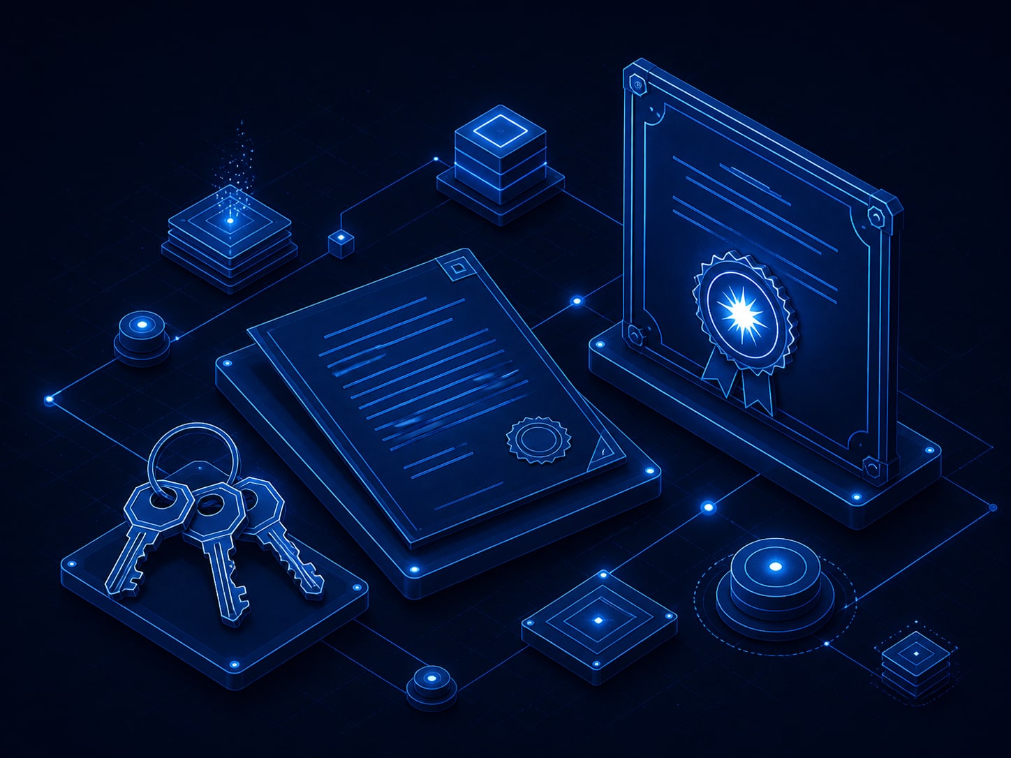 A short agreement, a set of keys and a domain certificate laid out together on a plain surface.