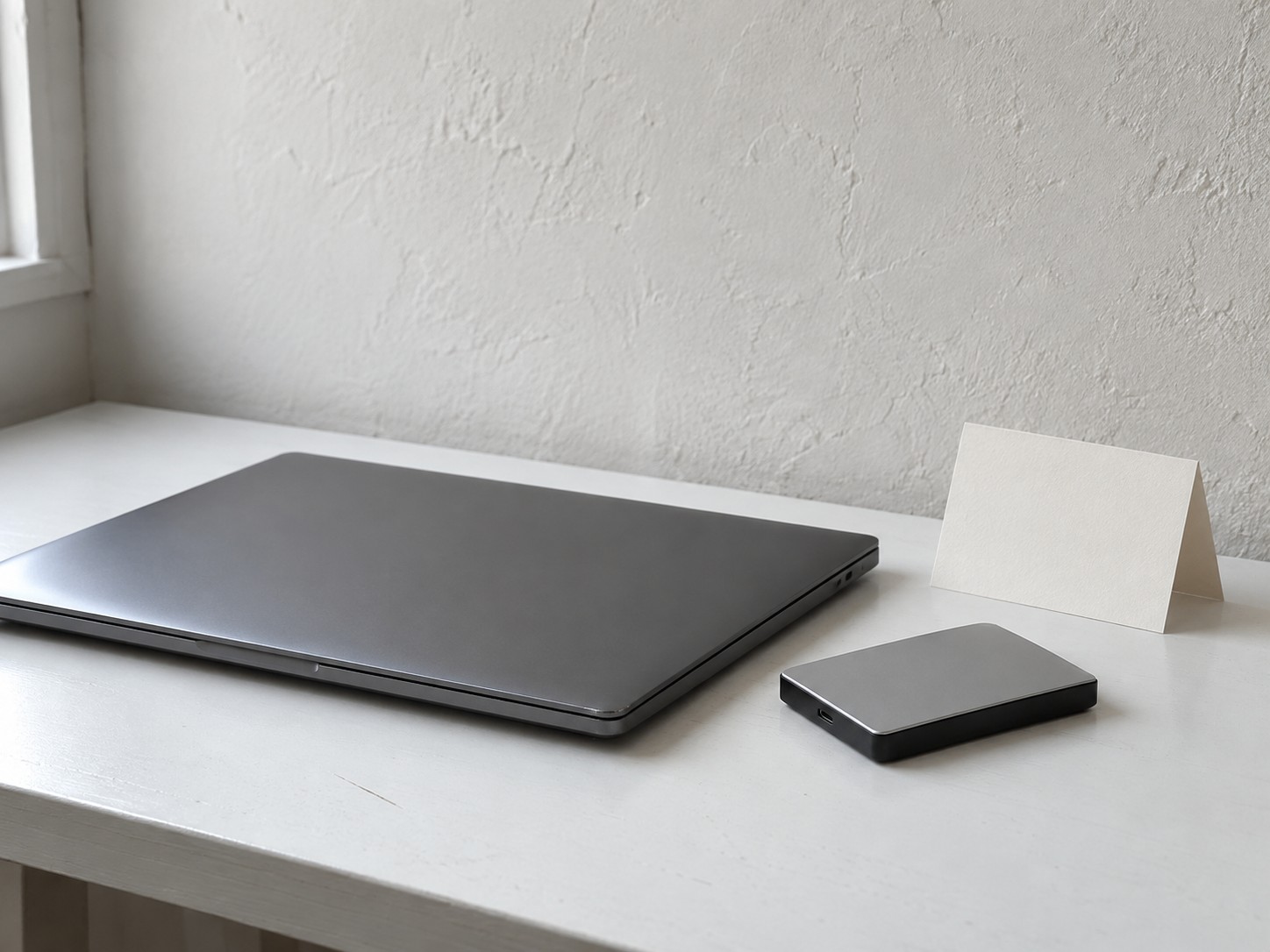 Una computadora portátil cerrada, un pequeño disco duro externo y una tarjeta en blanco doblada, acomodados sobre un escritorio blanco y limpio.