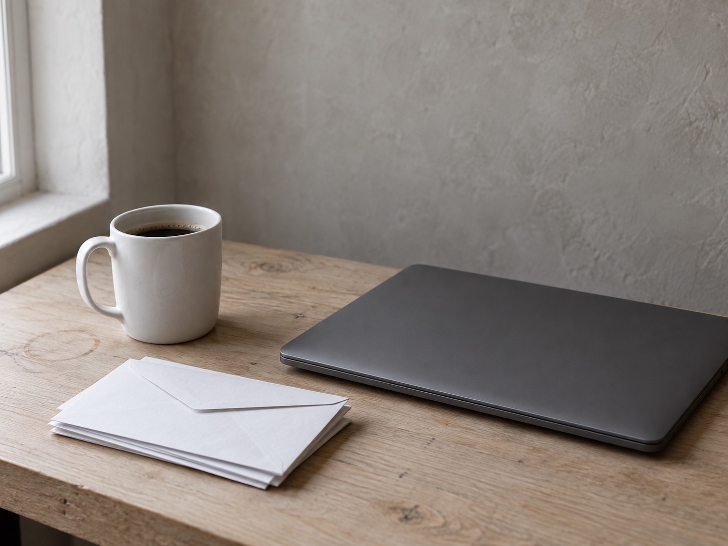 Una pequeña pila de sobres en blanco sin abrir junto a una computadora portátil cerrada y una taza de café sencilla sobre un escritorio de roble claro.