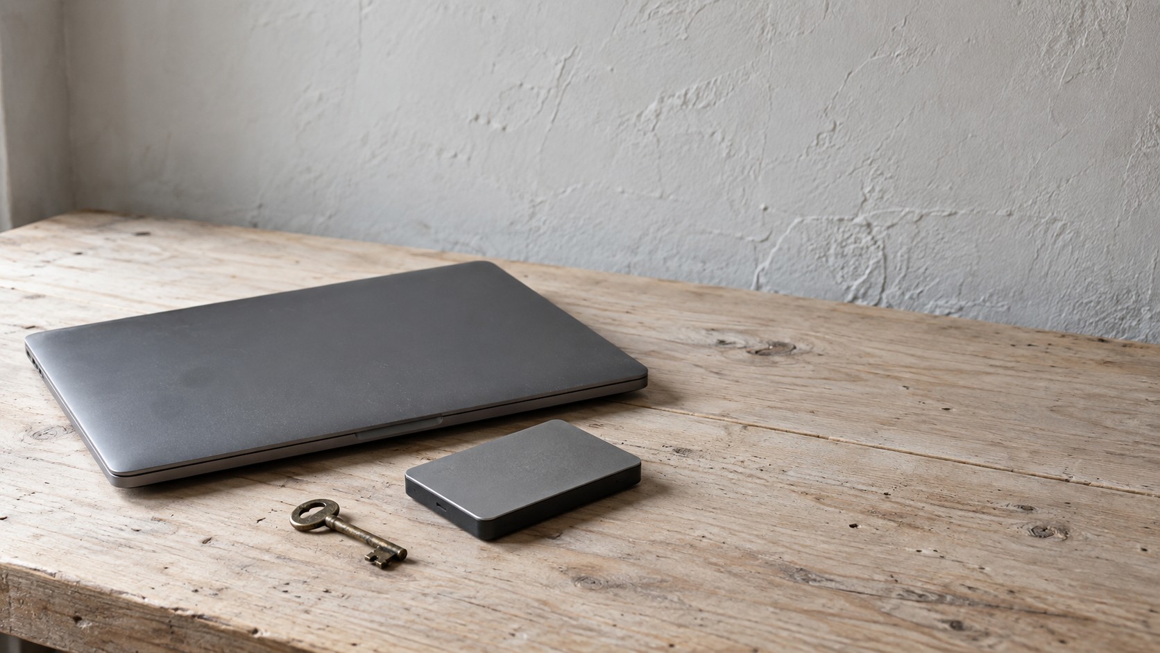 A closed laptop, a small external drive and a single brass key laid out on a pale wooden desk.
