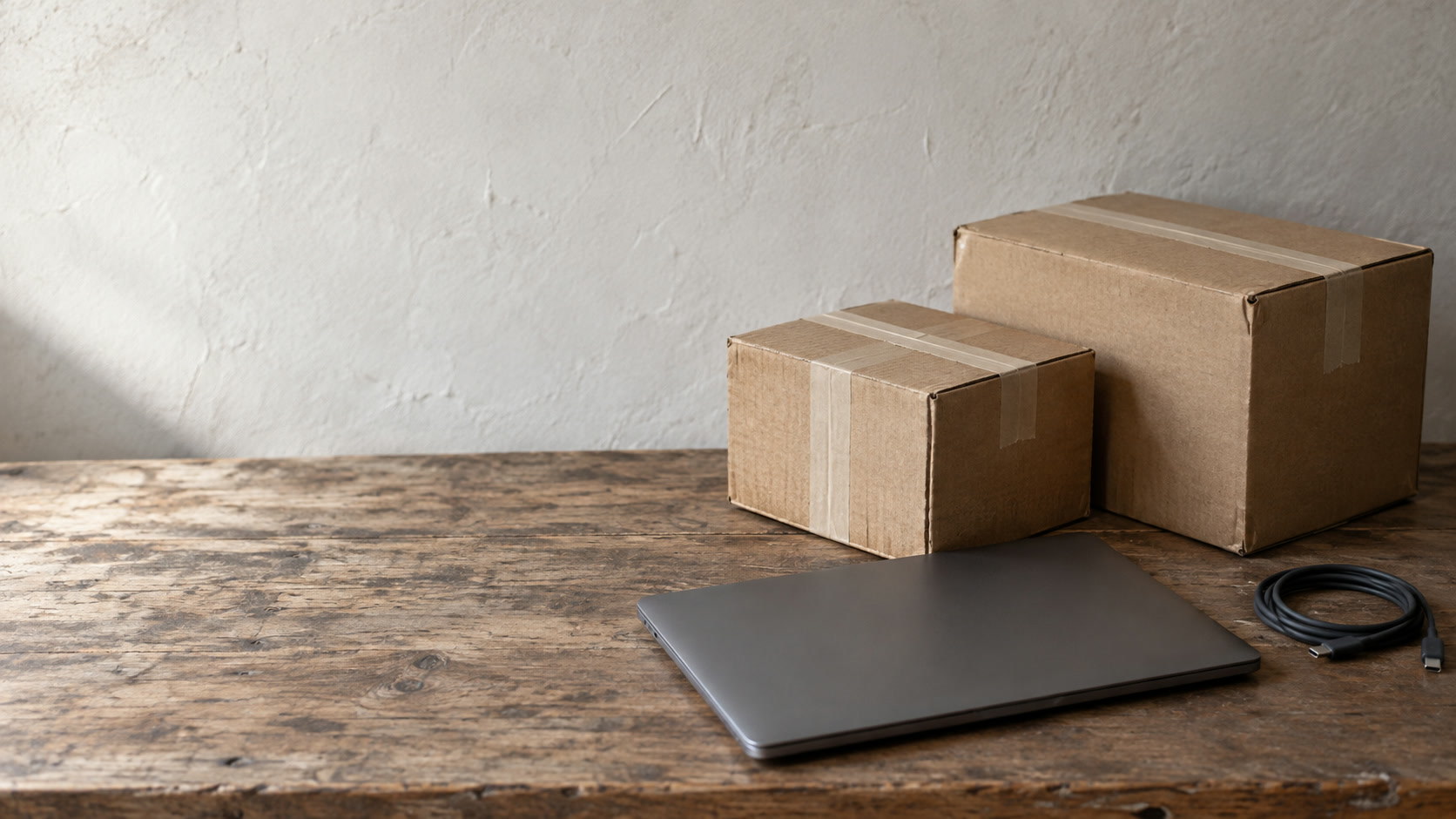 Two taped cardboard boxes beside a closed laptop and a coiled cable on a bare desk.