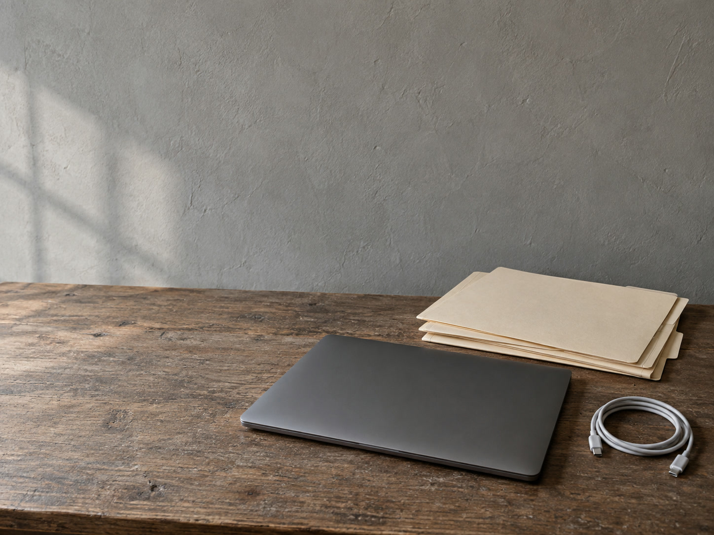 A closed laptop beside a small stack of blank manila folders and a coiled charging cable on a worn wooden desk.