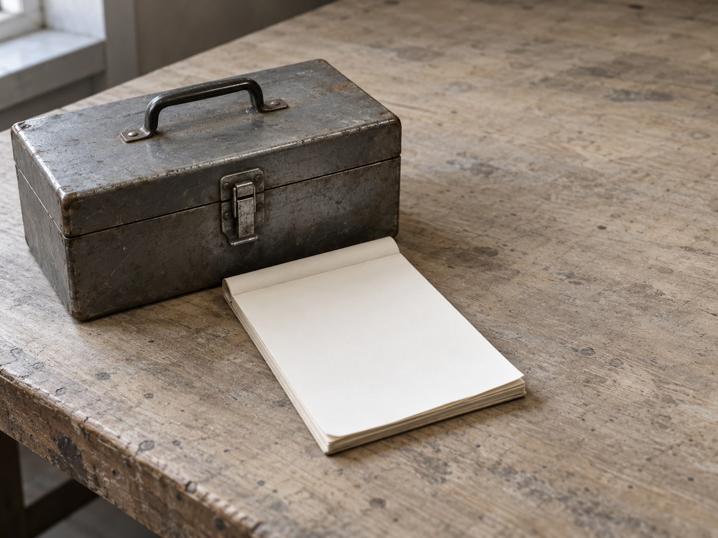 Una caja de herramientas de metal cerrada junto a una orden de trabajo en blanco sobre un banco de trabajo limpio.