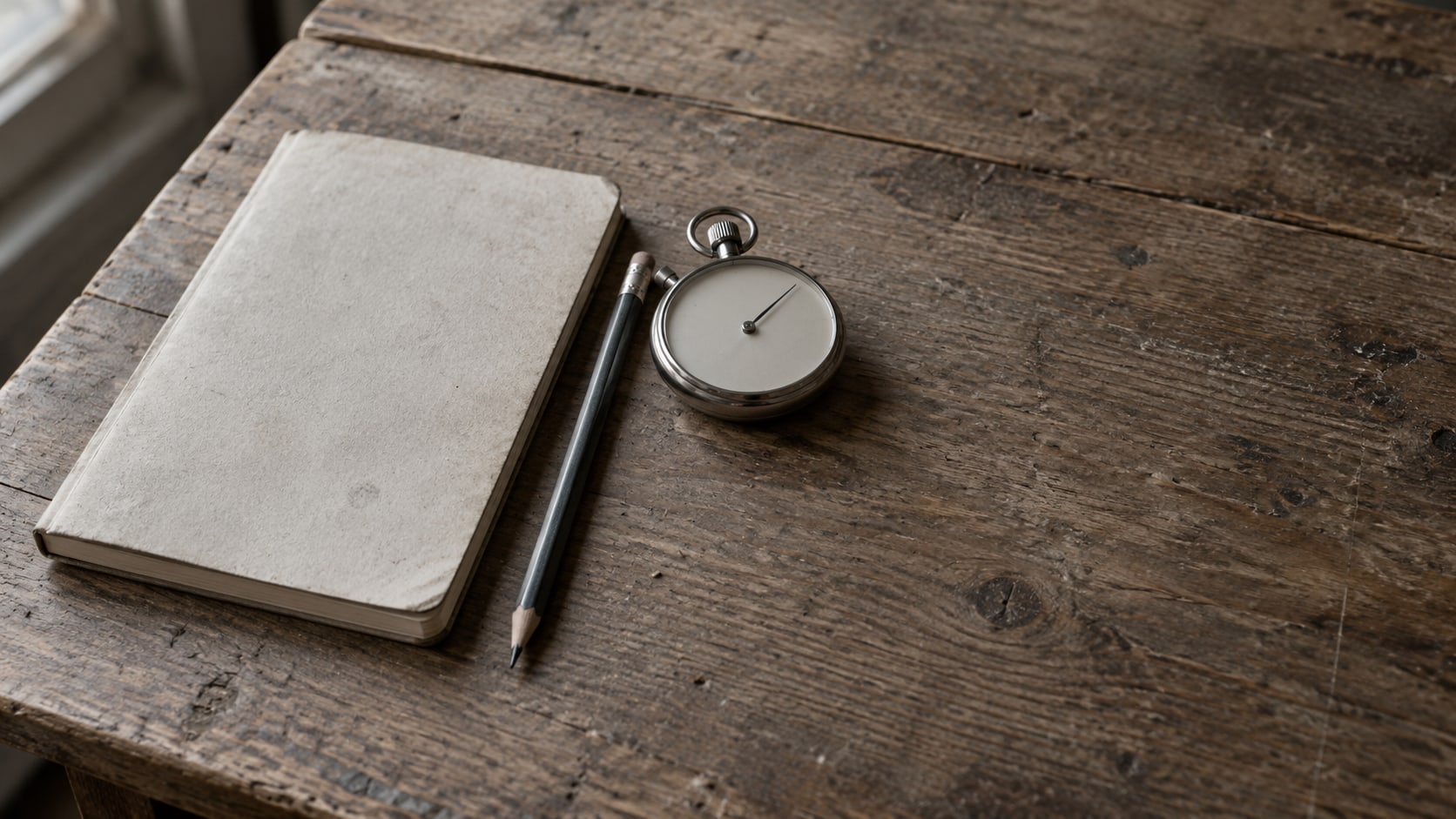 Una libreta cerrada, un lápiz y un cronómetro pequeño sobre un escritorio de madera.