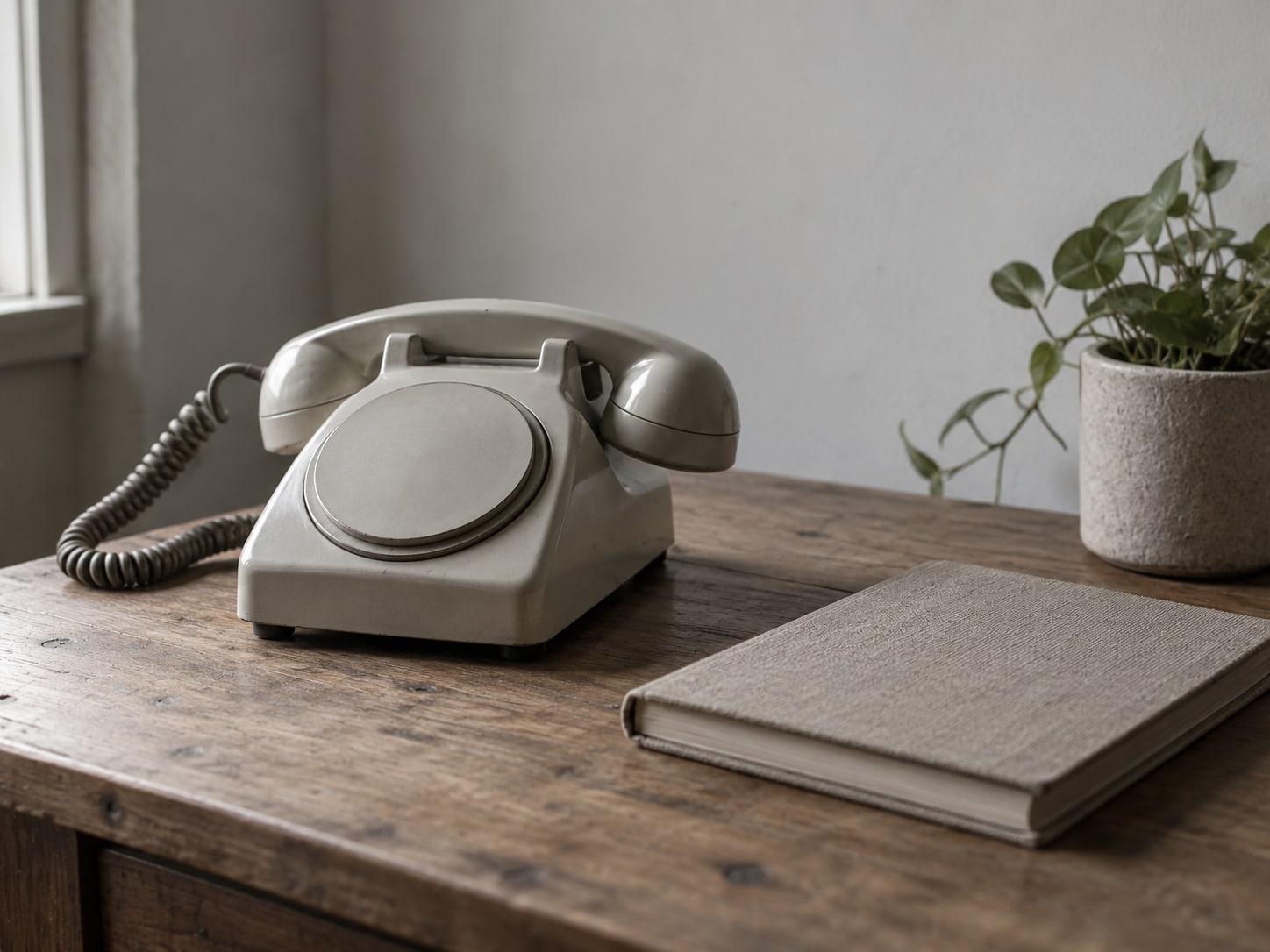 A rotary desk phone beside a closed notebook and a small plant on a wooden table.