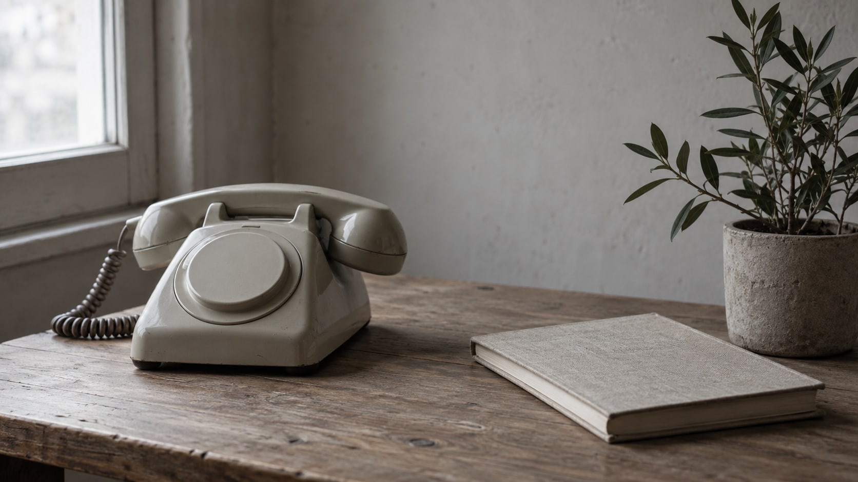 A rotary desk phone beside a closed notebook and a small plant on a wooden table.