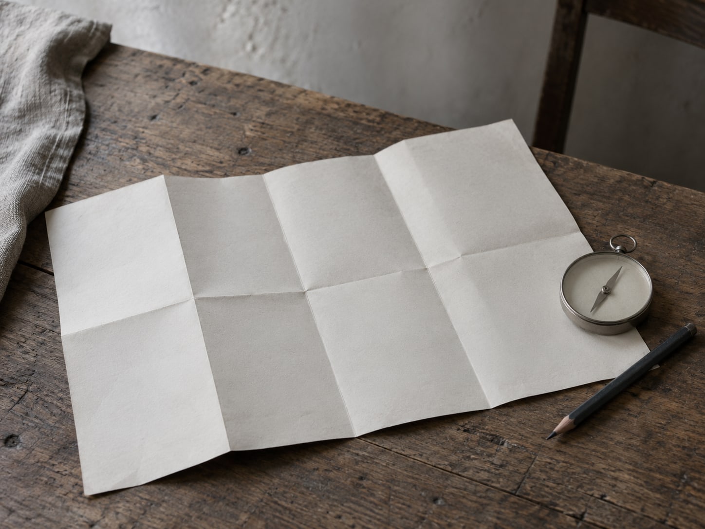 A folded paper map with a blank compass and a pencil on a worn table.