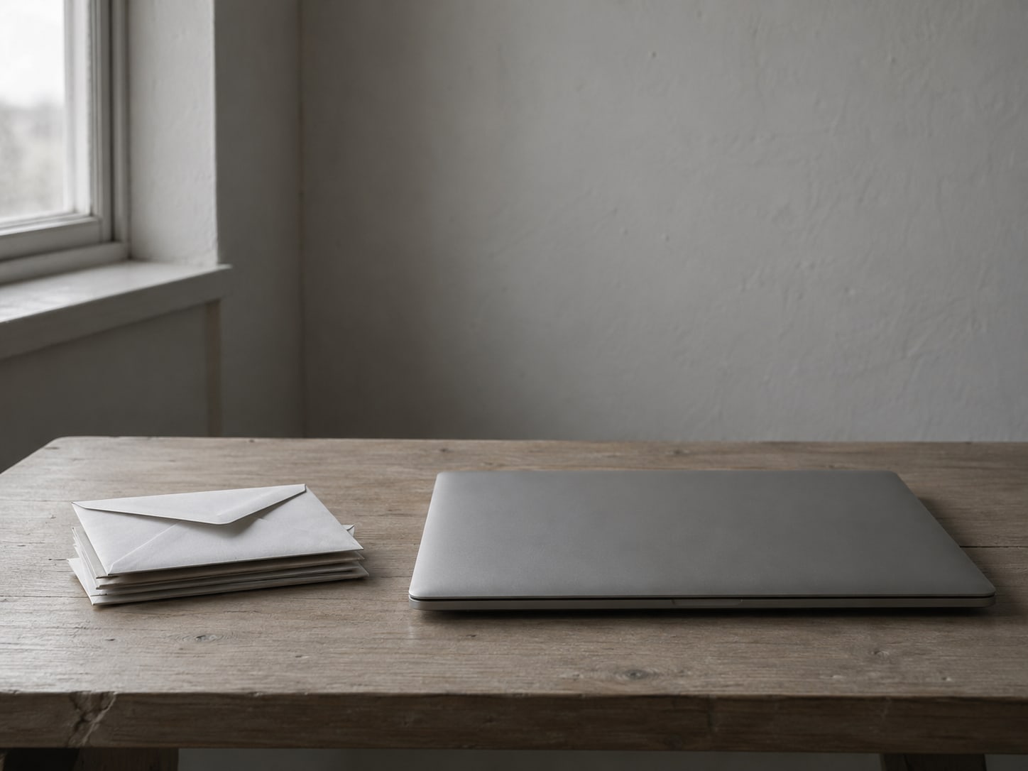 A small stack of blank envelopes and a closed laptop on a tidy wooden desk.