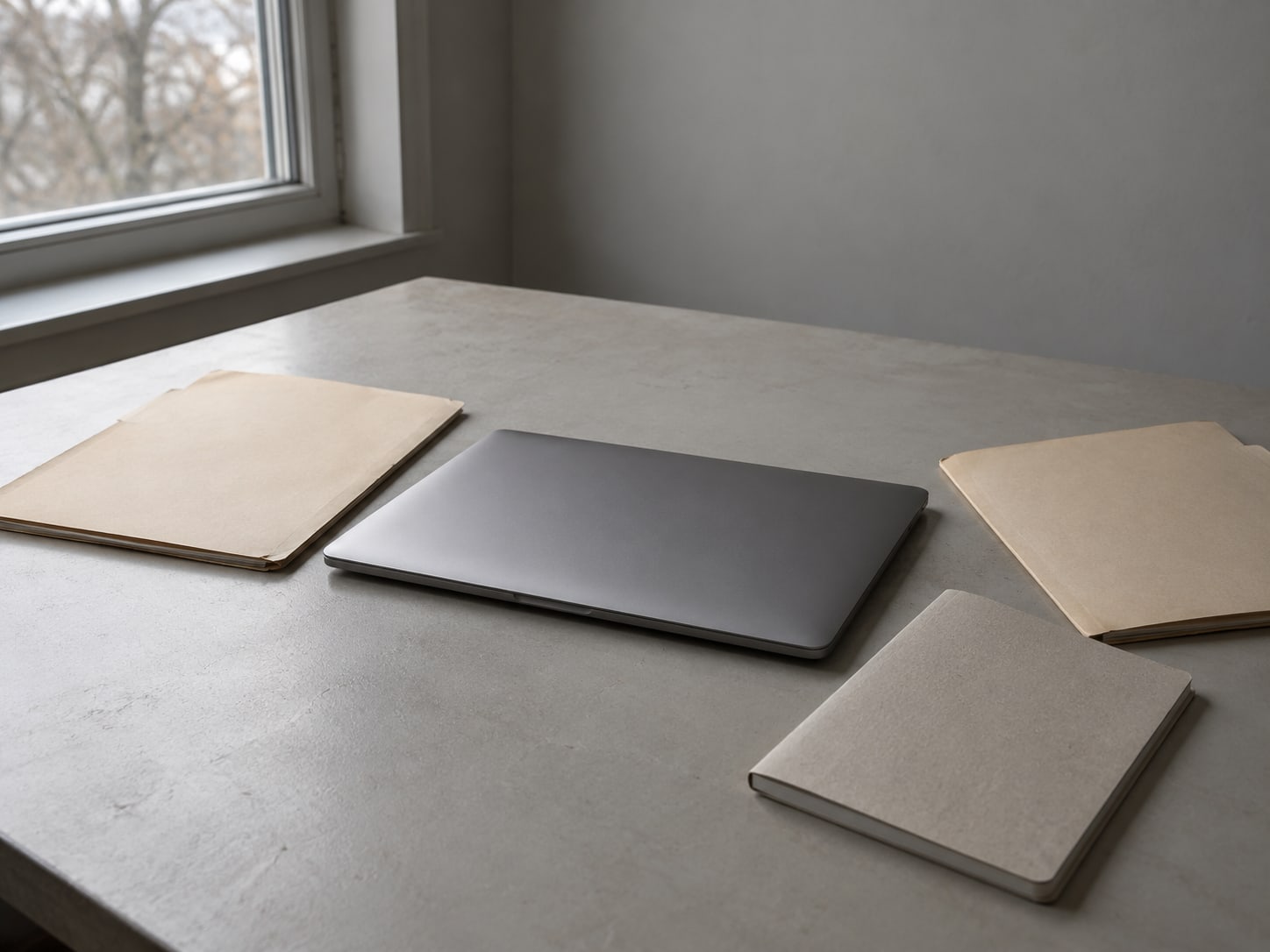 Una laptop cerrada entre dos carpetas de manila y una libreta, apoyadas sobre una mesa sencilla.