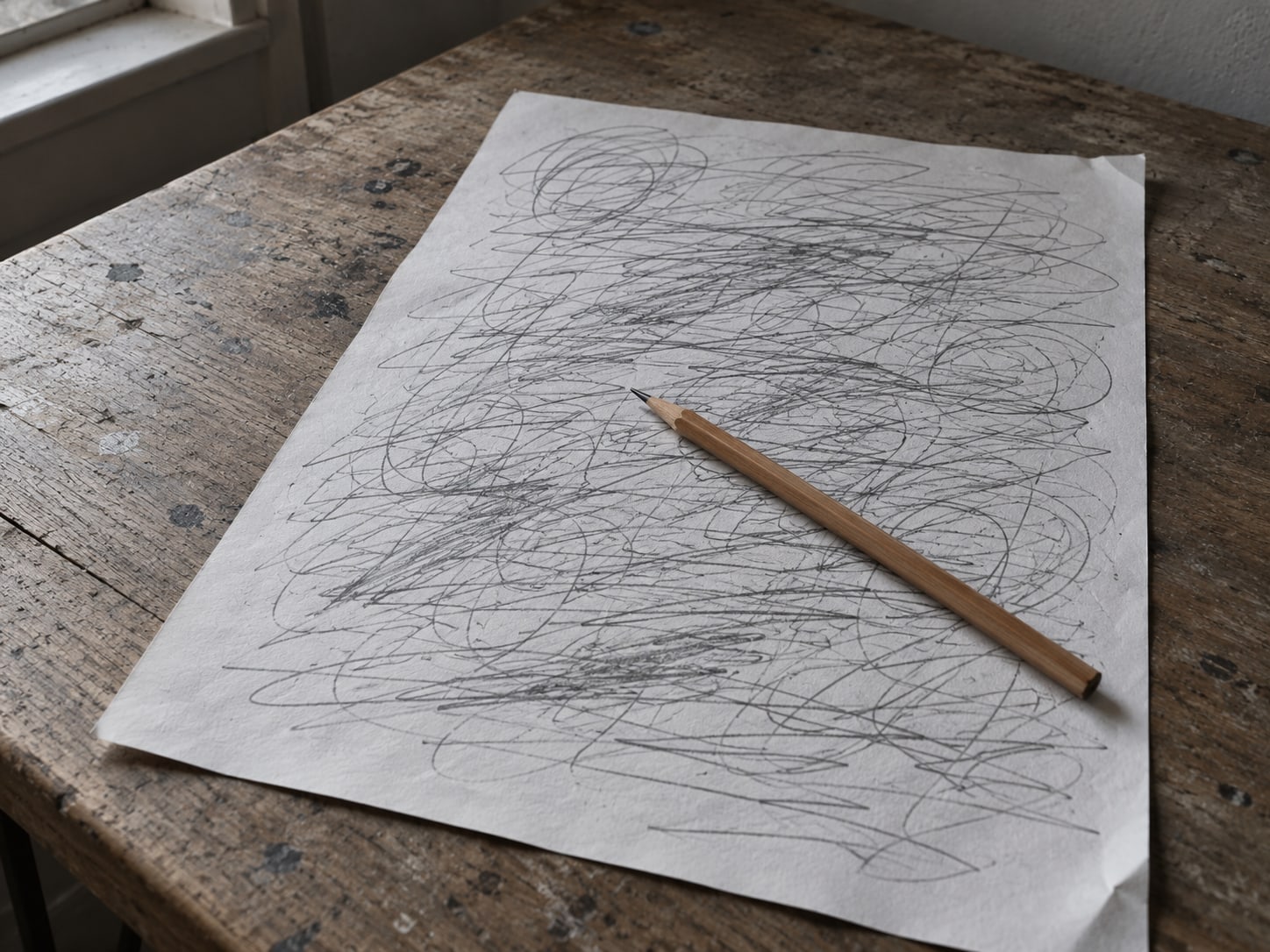Una hoja impresa cubierta de subrayados y círculos de lápiz ilegibles, con un lápiz afilado acostado encima.