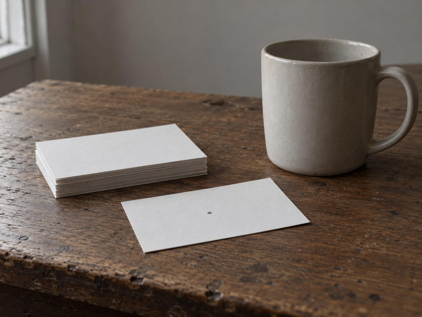 Una pila corta de fichas en blanco, una marcada con un punto de lápiz, junto a una taza sobre una mesa de madera.