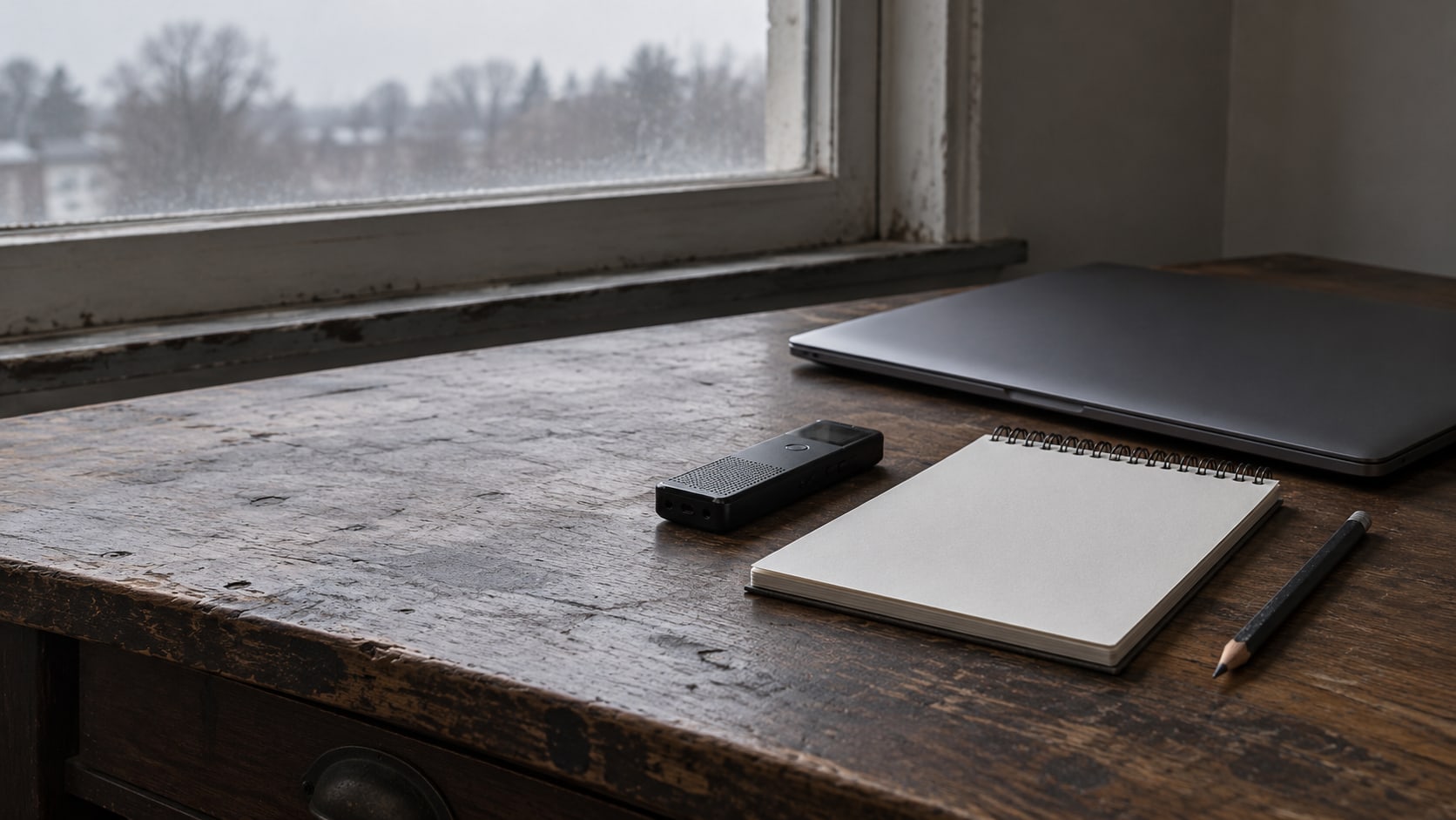 A sharpened pencil, a small voice recorder and a blank notepad on a worn wooden desk beside a closed laptop.