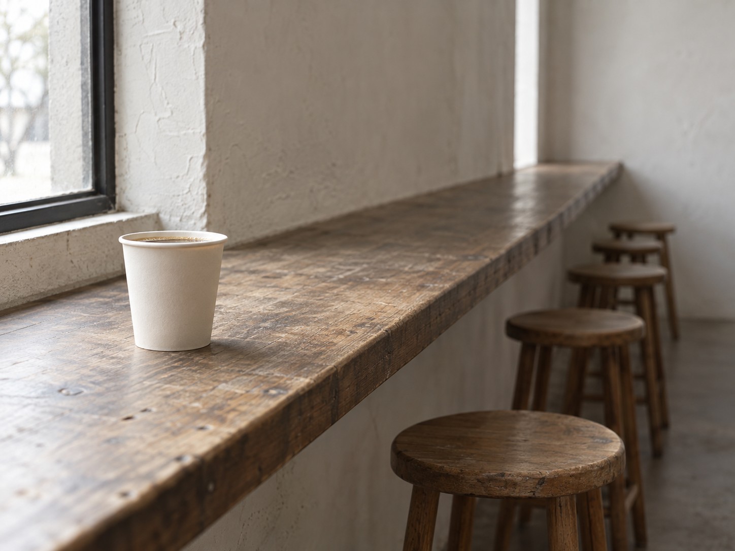 A single paper coffee cup on a café counter with a long empty row of stools beside it in soft morning light.