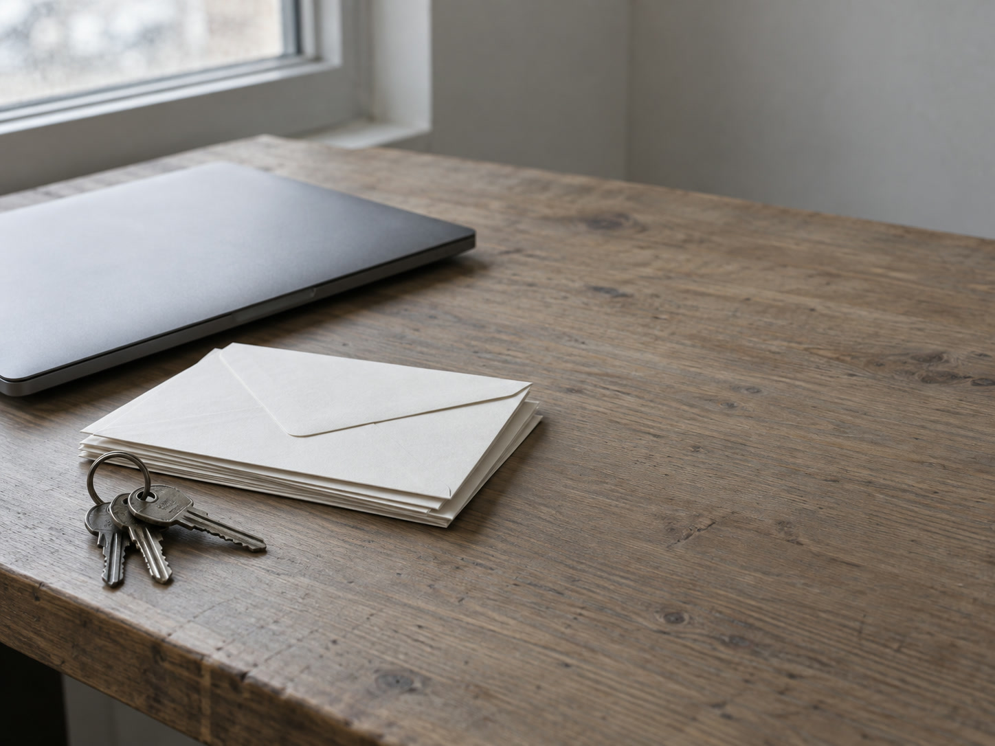 A ring of keys beside a small stack of unopened envelopes and a closed laptop on an office desk.