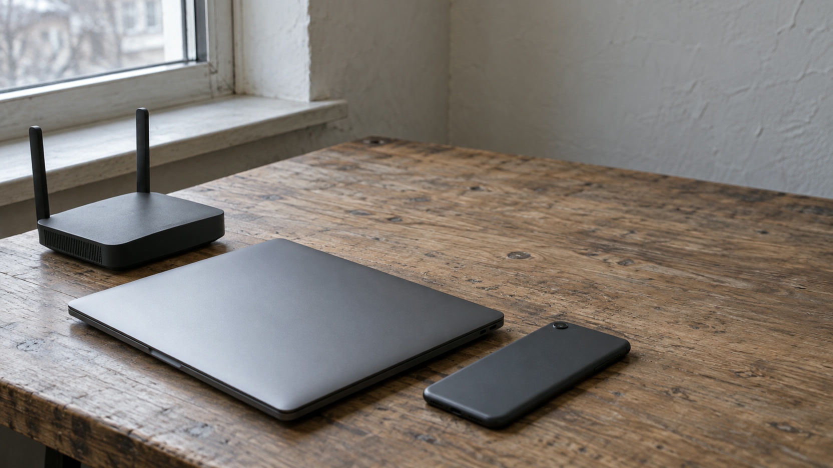 Una laptop cerrada junto a un teléfono inteligente boca abajo y un pequeño router doméstico con las luces apagadas sobre un escritorio de madera.