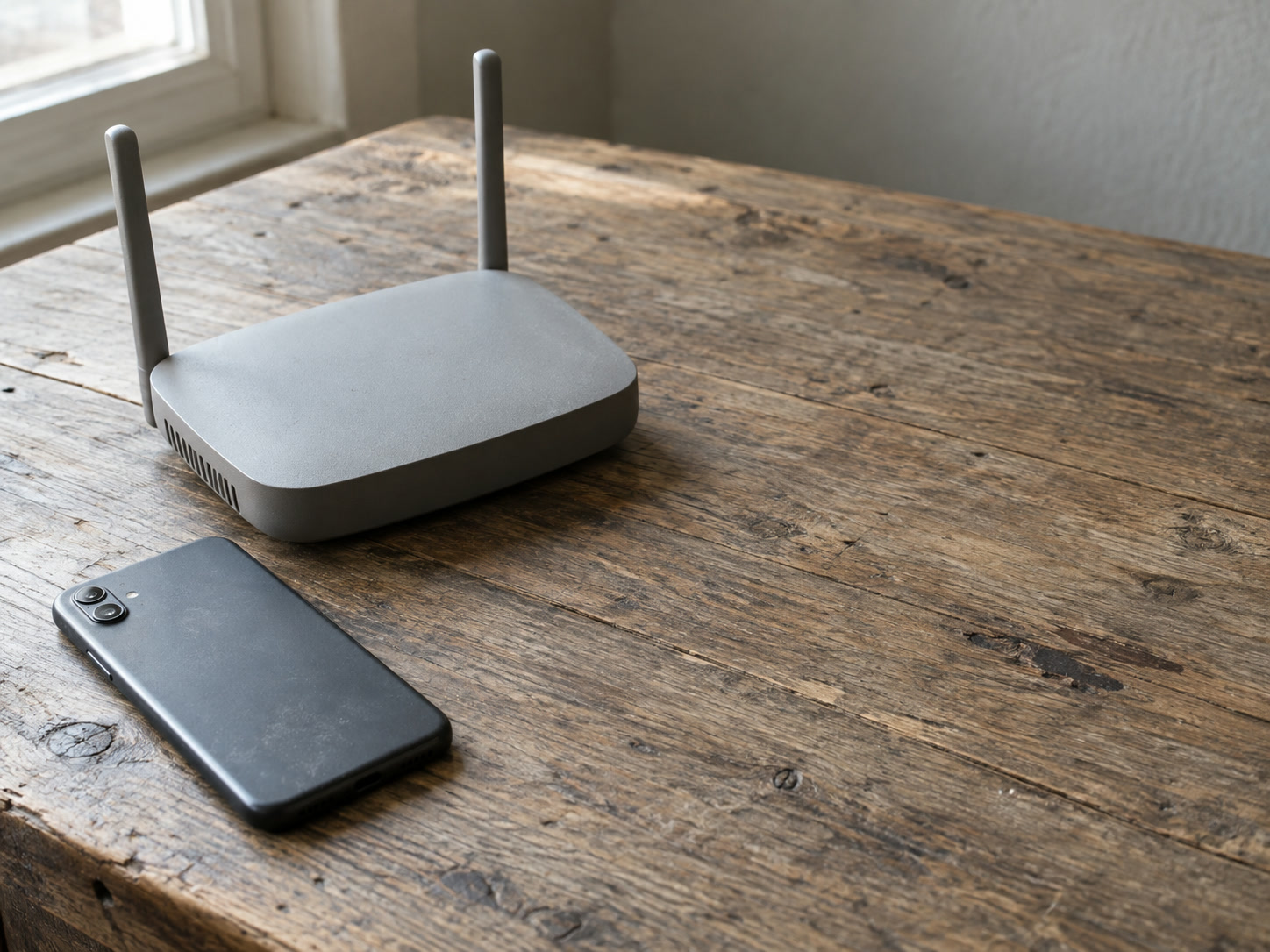A smartphone lying face down on a wooden desk beside a small home router with its lights dark.