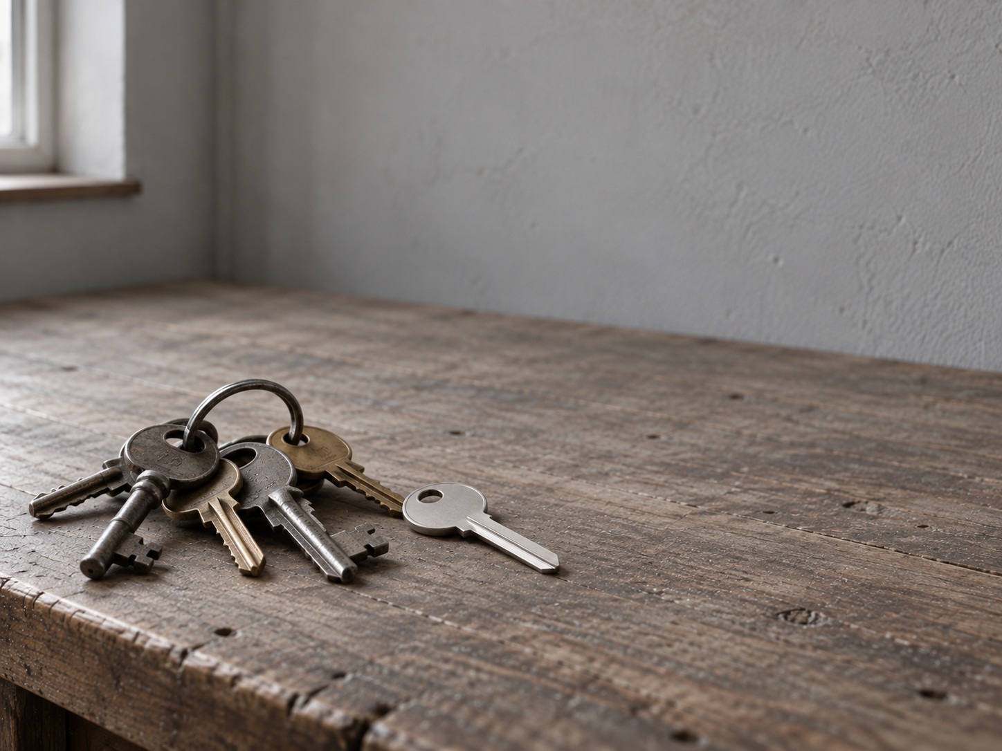 A ring of several old keys on a wooden desk beside a single new key set apart.