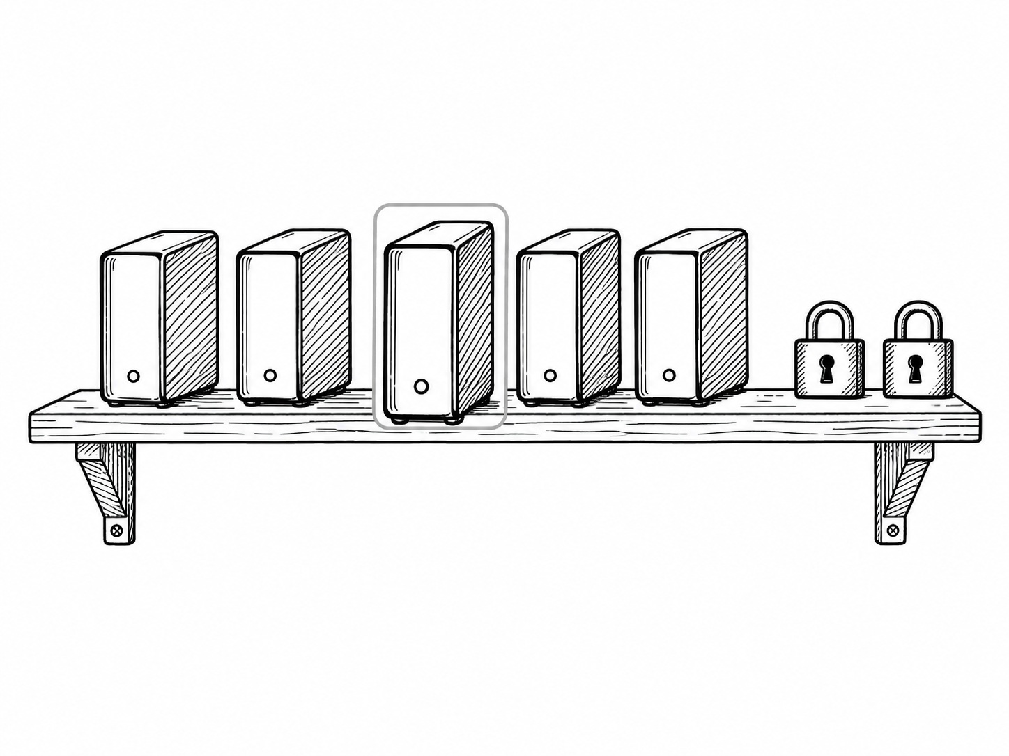 A row of labeled storage drives on a shelf with one pulled slightly forward, as if chosen.