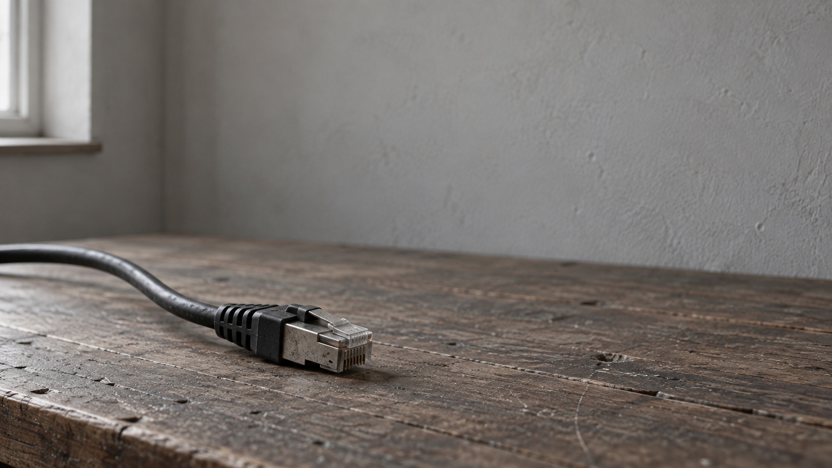 An unplugged network cable lying across a worn wooden desk.