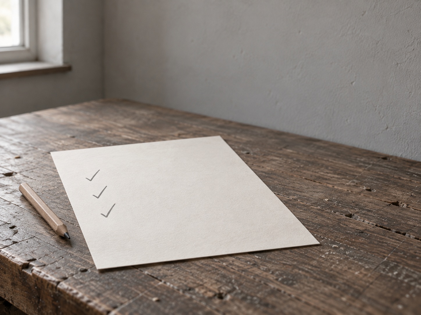A sheet of paper with three pencil ticks and a pencil beside it on a worn wooden desk.