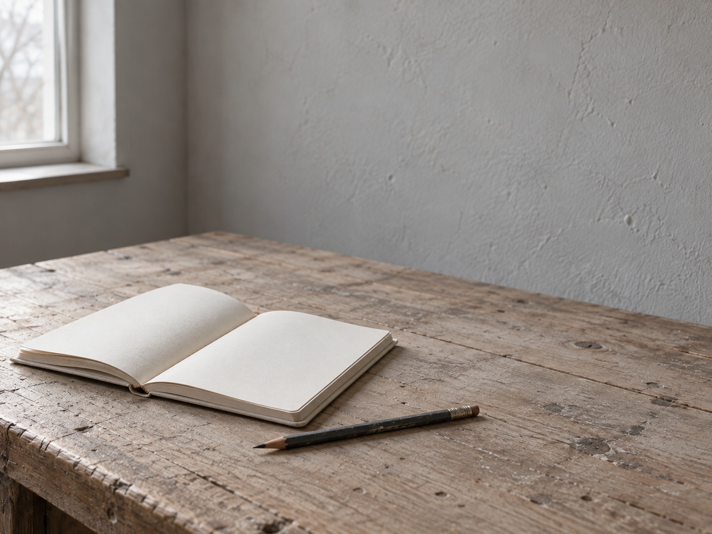 An open blank notebook and a pencil on a worn wooden table by a window.