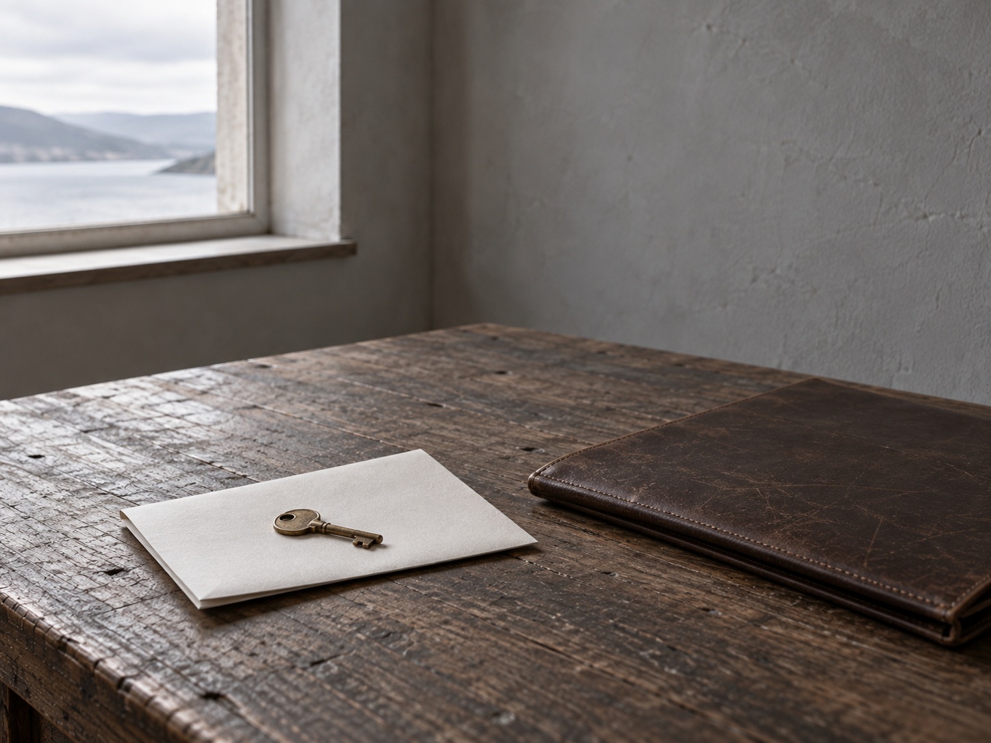 A single brass key resting on a folded blank sheet of paper next to a closed leather folder on a dark wooden desk.