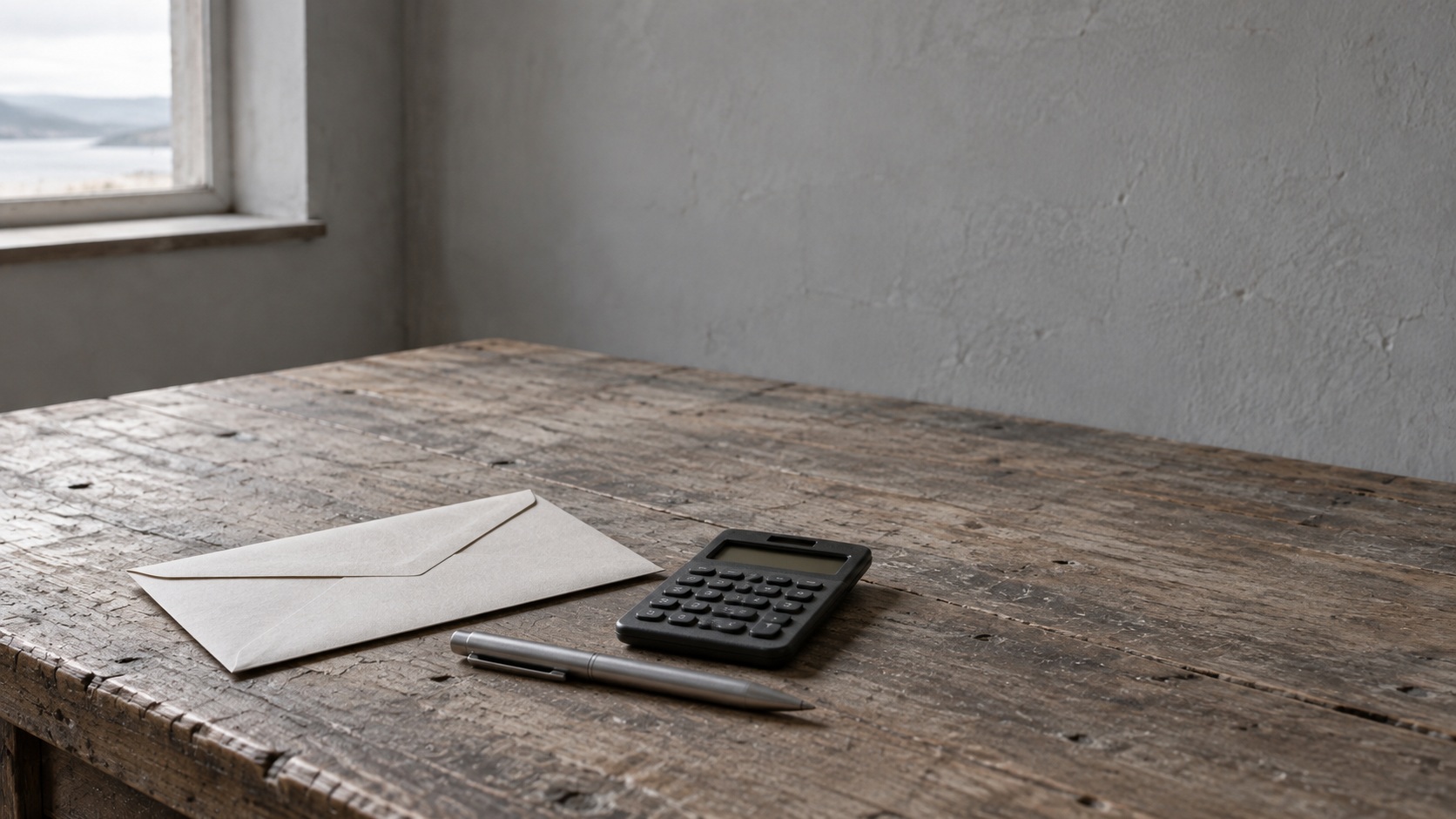 An unopened plain envelope beside a calculator switched off and a pen on a wooden desk.