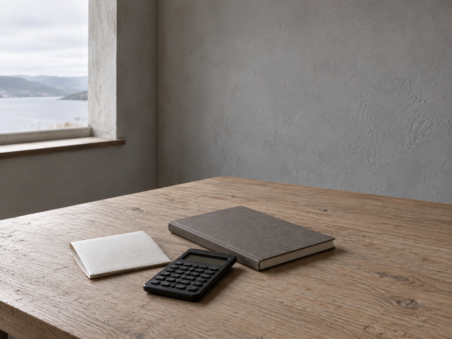 A folded paper bill and a small desk calculator resting beside a closed notebook on a light oak table.