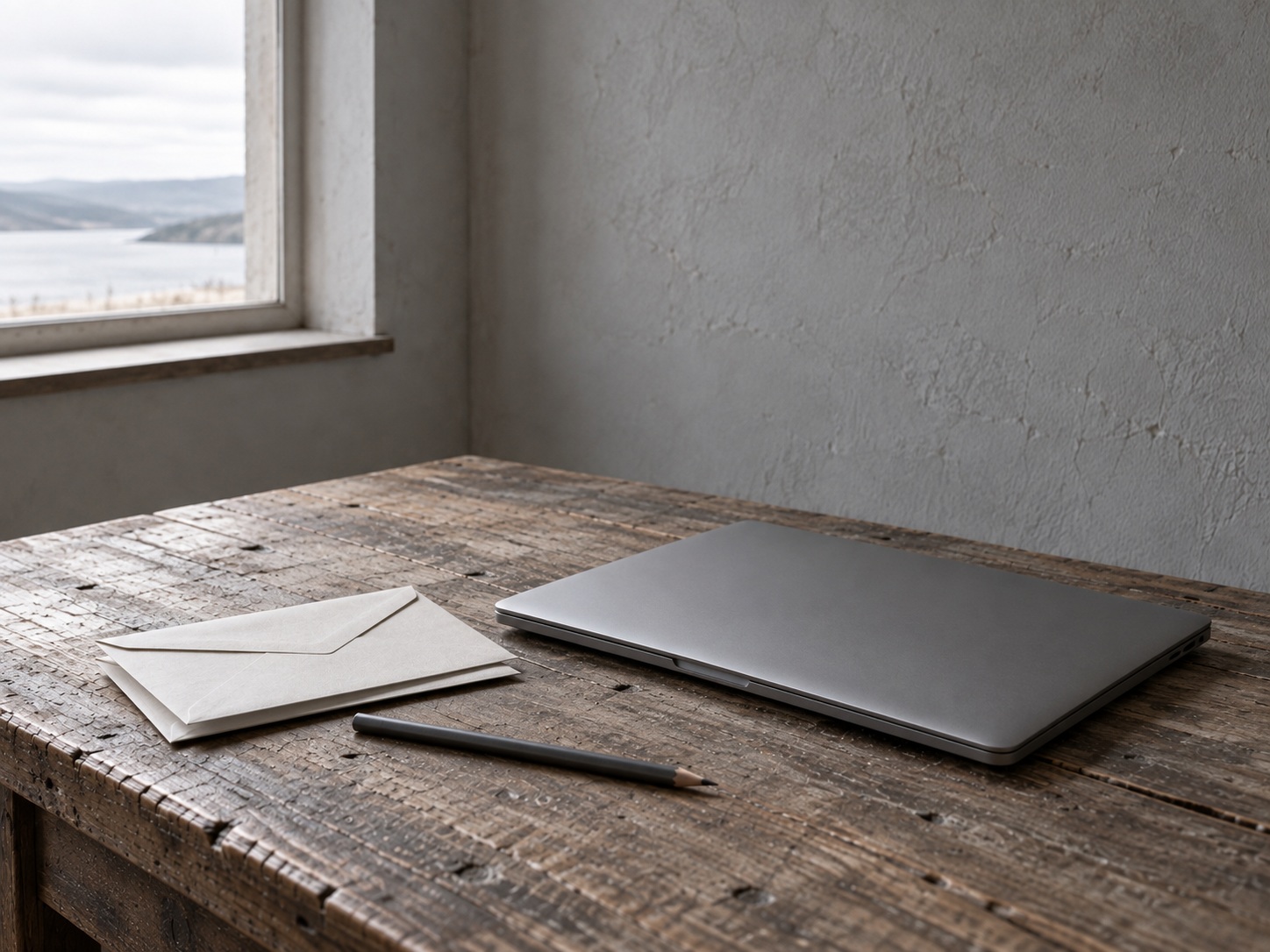 A closed laptop beside a small stack of unopened envelopes and a pencil on a worn wooden desk.