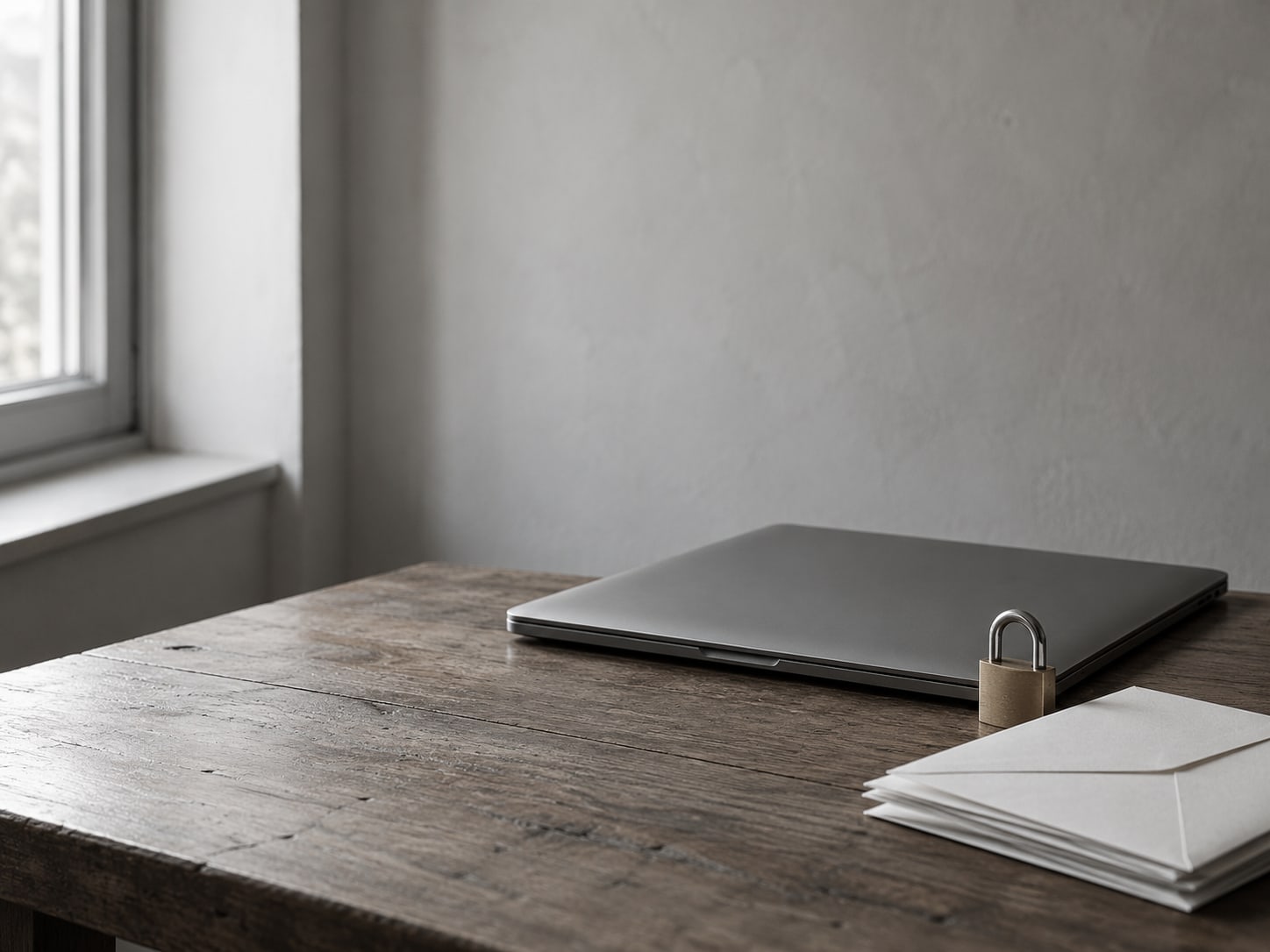 A laptop closed on a desk with a small padlock and a stack of unopened envelopes beside it.