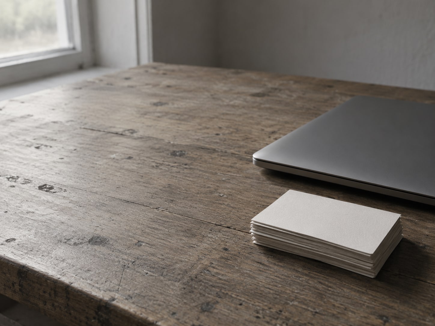 A closed laptop beside a small stack of blank price cards on a worn wooden desk.