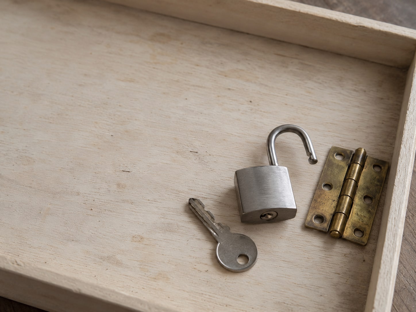 A single key resting on a wooden tray next to an unlocked padlock and a small brass door hinge.