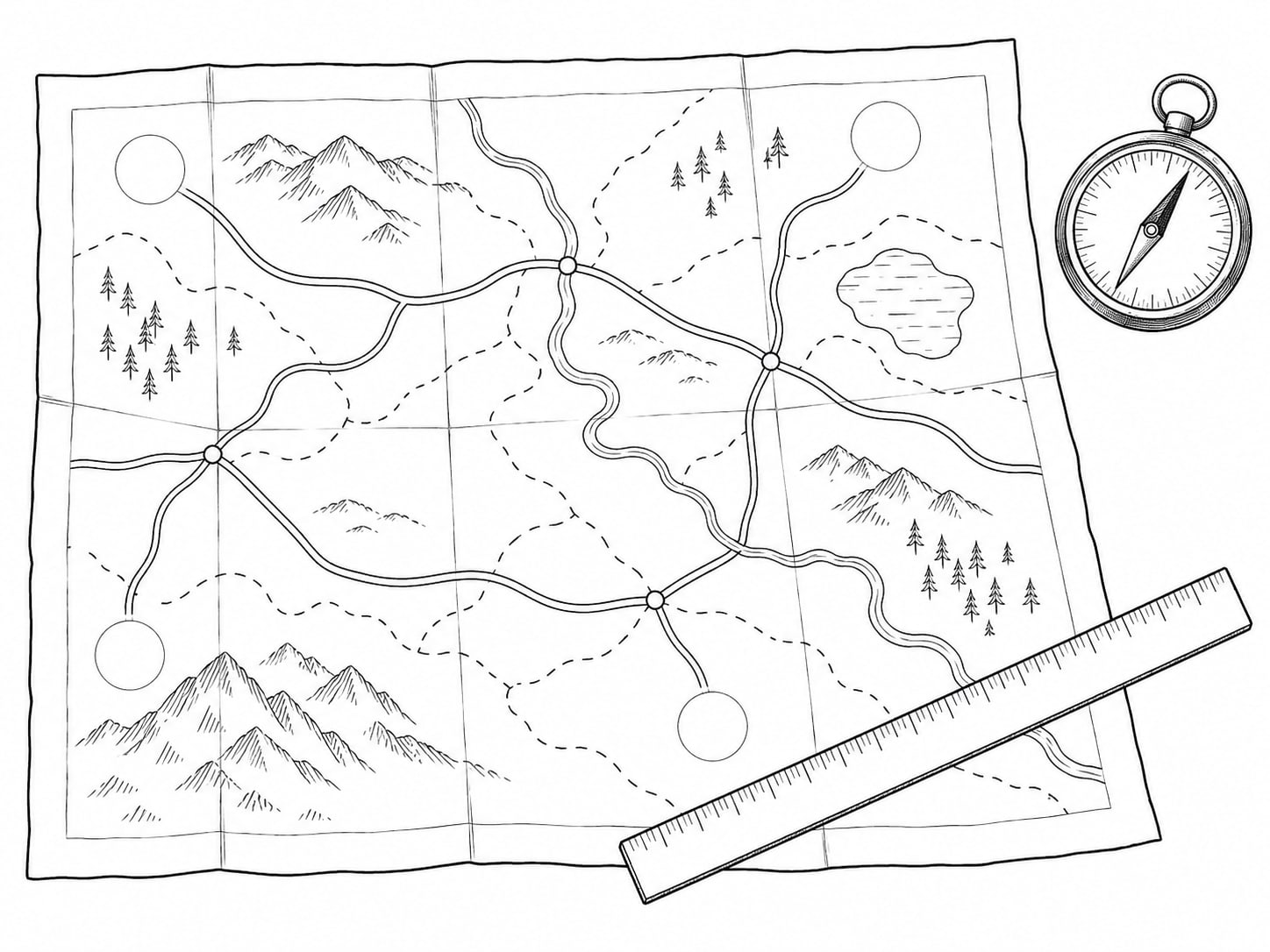 A paper map with soft pencil circles and a ruler lying on a desk beside a small compass.