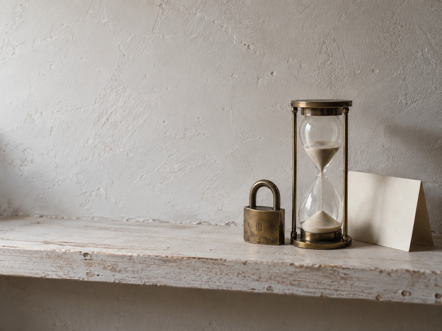 An hourglass with sand running beside a small closed padlock and a folded blank card on a wooden shelf.