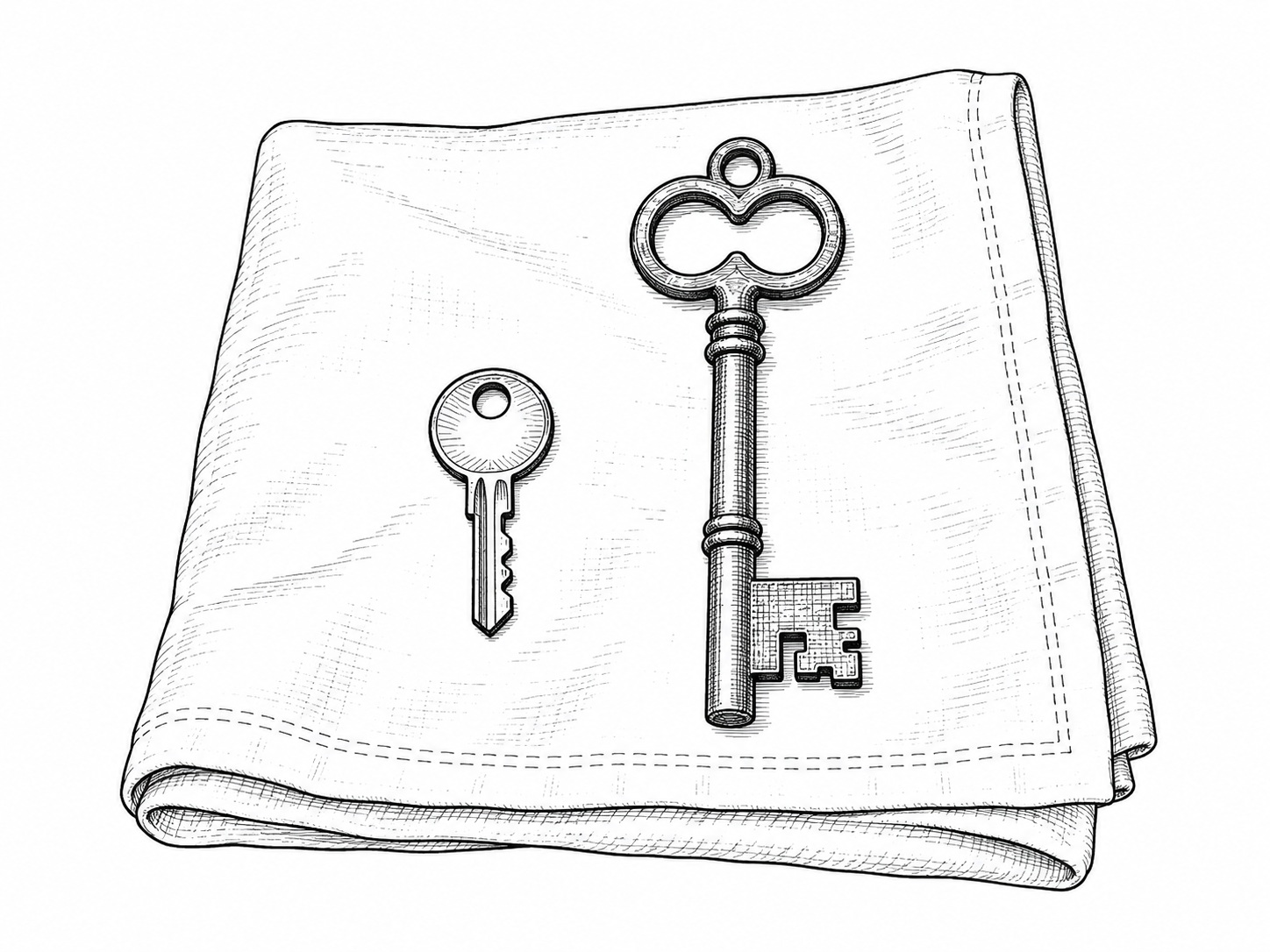 A small brass key and a mismatched larger iron key lying side by side on a folded linen cloth.