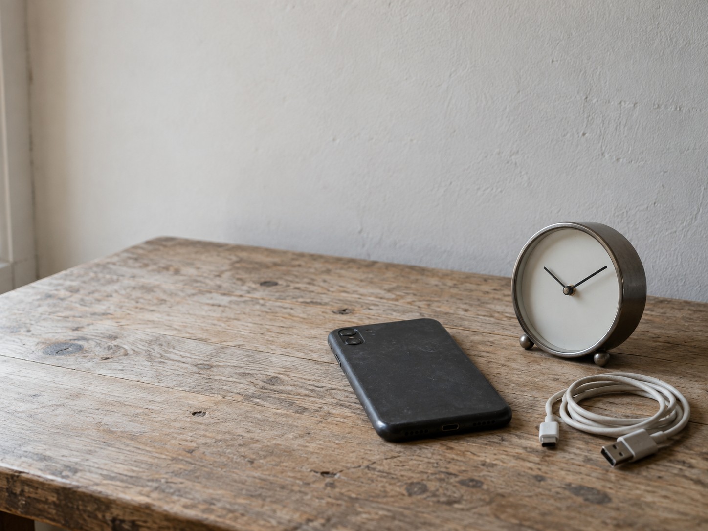 A smartphone lying face down beside a small analog desk clock and a coiled cable on a pale wooden table.