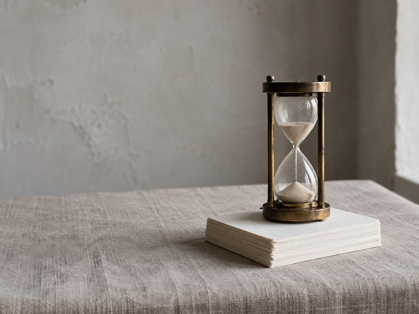 A small brass hourglass with sand running, set on a stack of blank index cards on a linen tablecloth.
