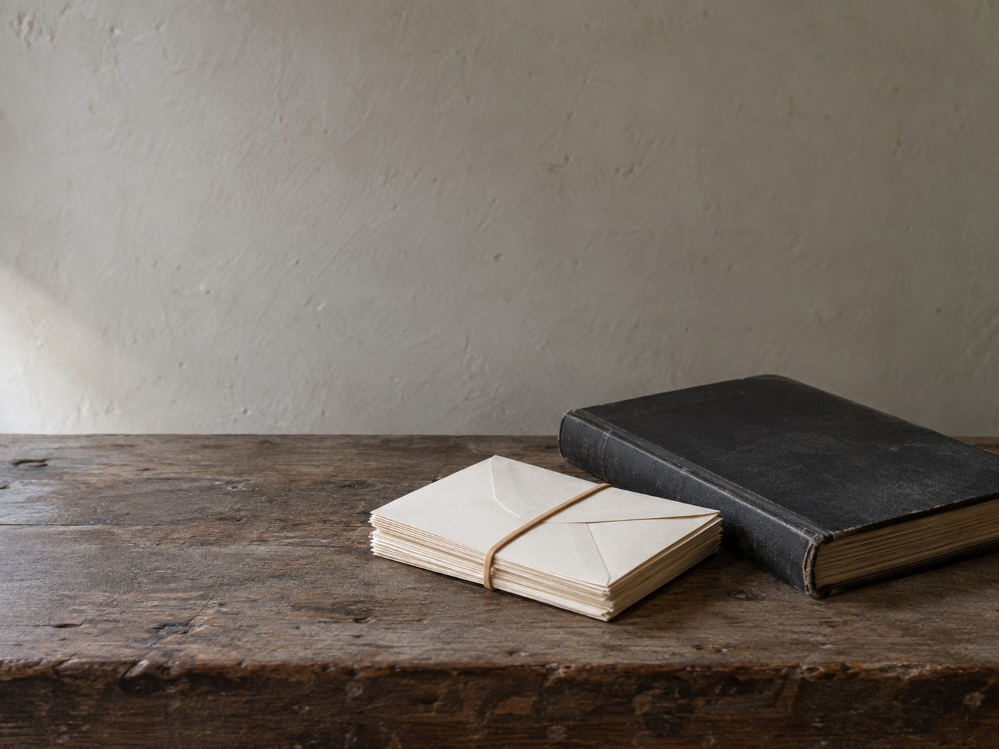 A neat stack of unopened envelopes held with a rubber band beside a closed ledger on a worn desk.