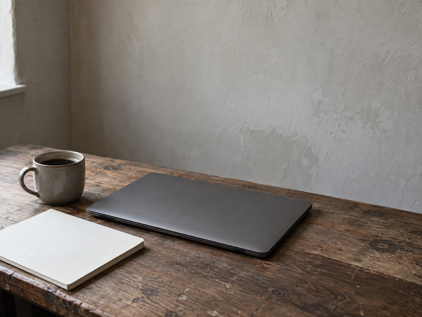 A closed laptop beside a mug of coffee and a blank notepad on a quiet wooden desk in morning light.