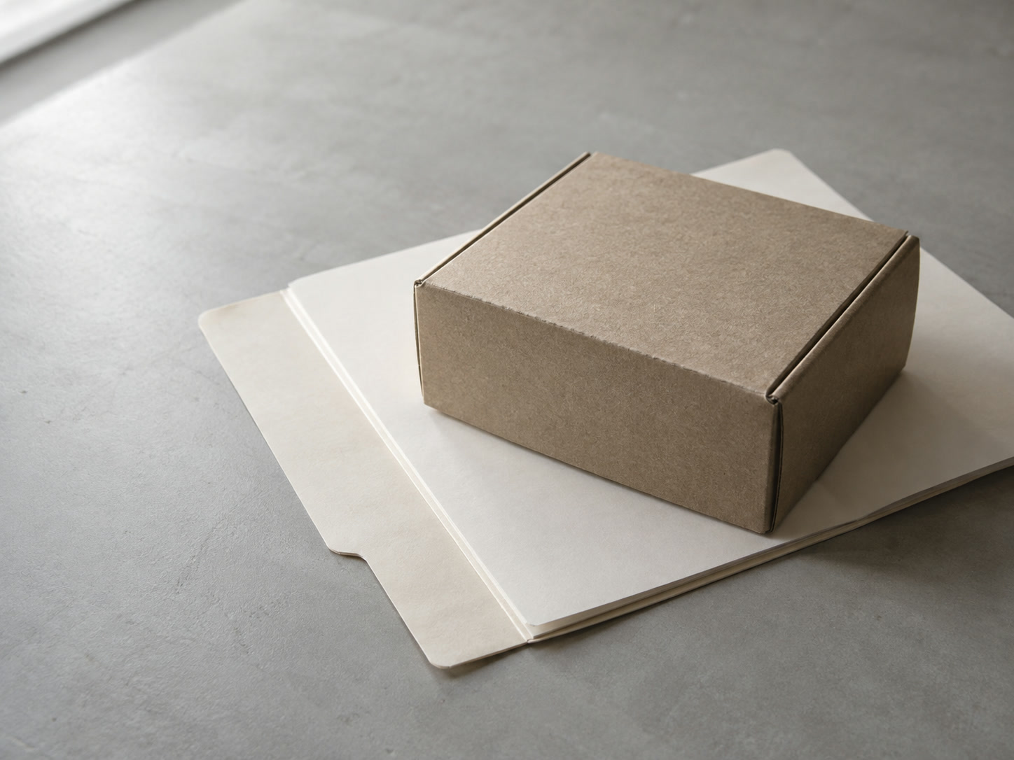 A small cardboard box resting on top of an open paper folder on a desk, hiding most of the blank pages beneath it.