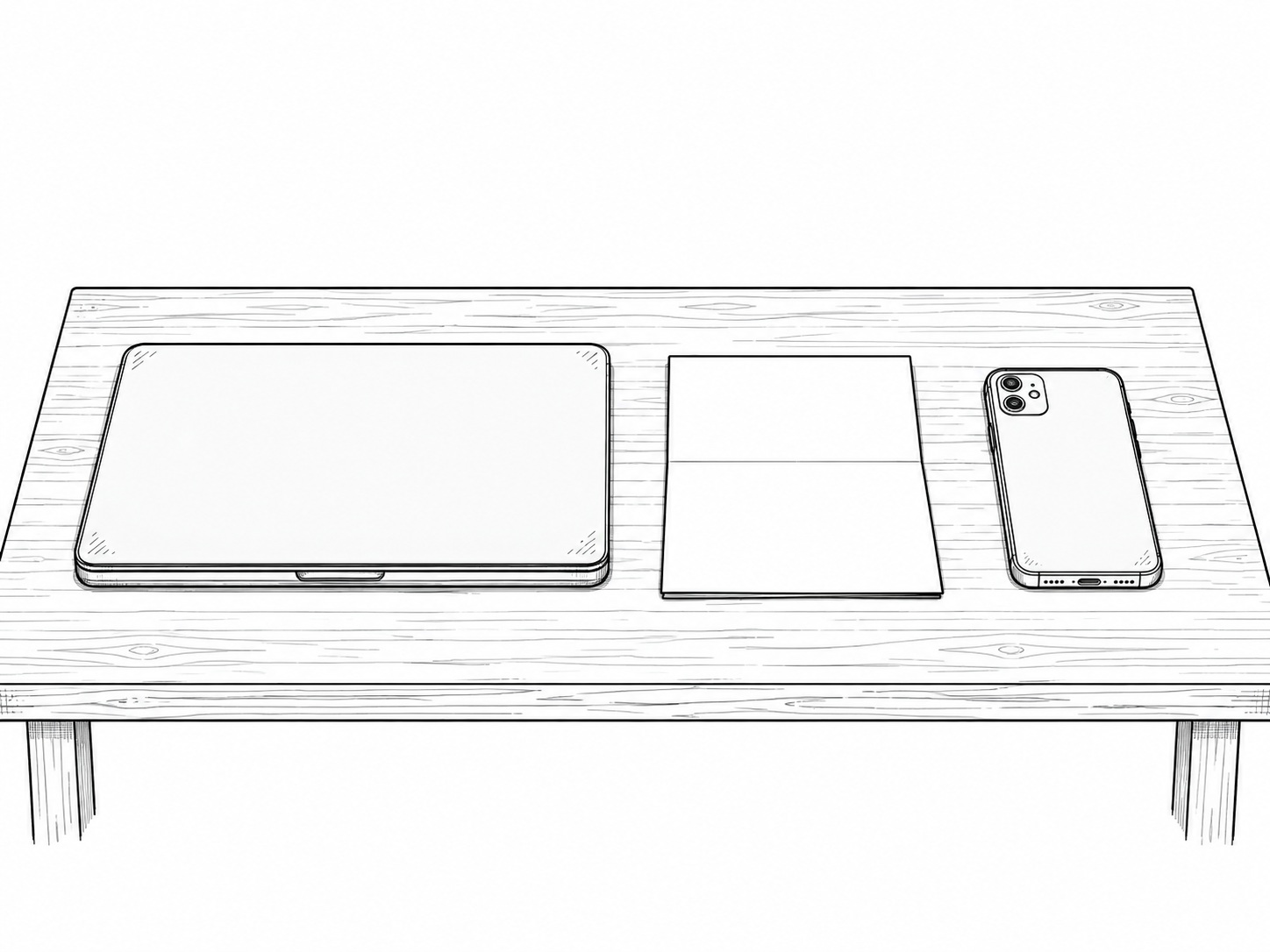 A closed laptop and a face-down phone side by side on a pale wooden desk, with a folded sheet of blank paper between them.