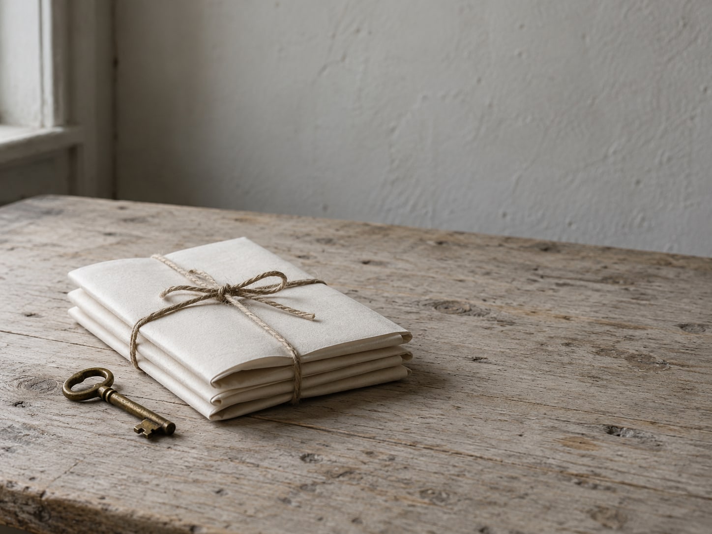 A stack of three folded blank pages tied with string next to a small brass key.