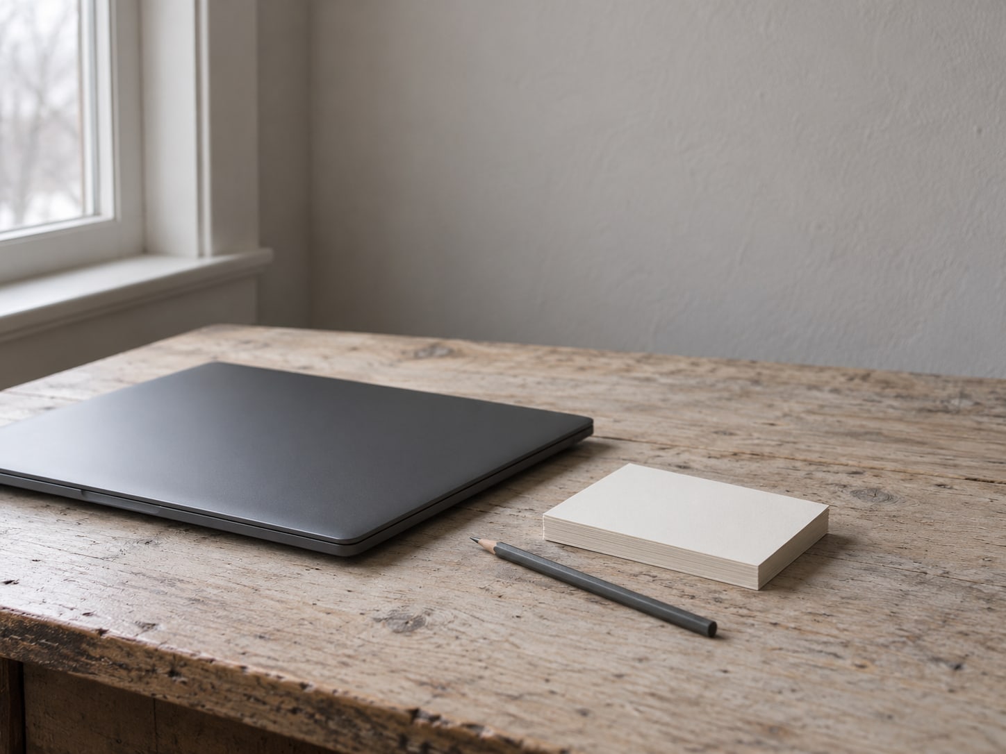 A closed laptop beside a small stack of blank index cards and a pencil on a wooden desk.