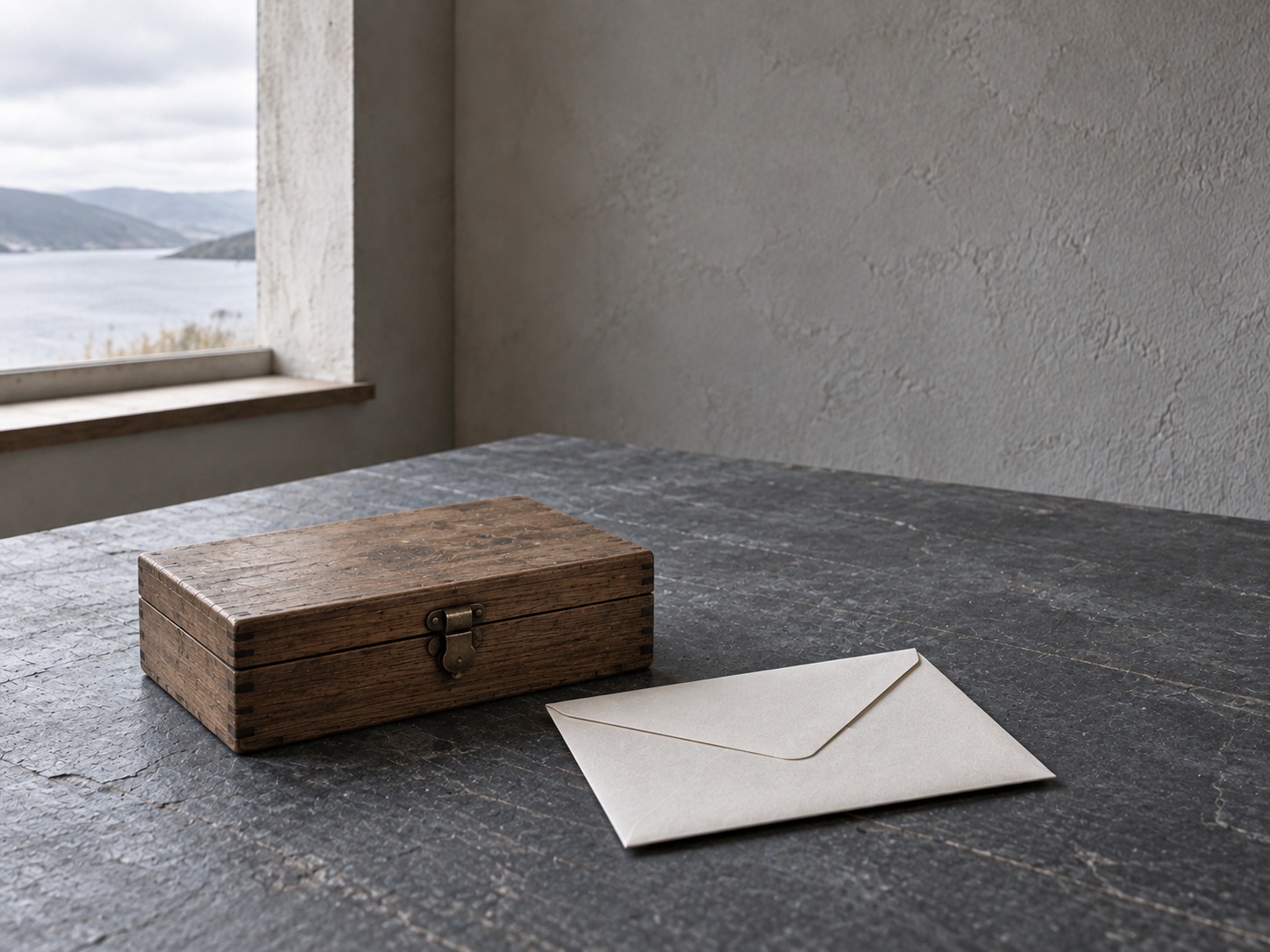 Una caja de madera cerrada con un pequeño broche de metal junto a un sobre en blanco sellado sobre una superficie de pizarra.