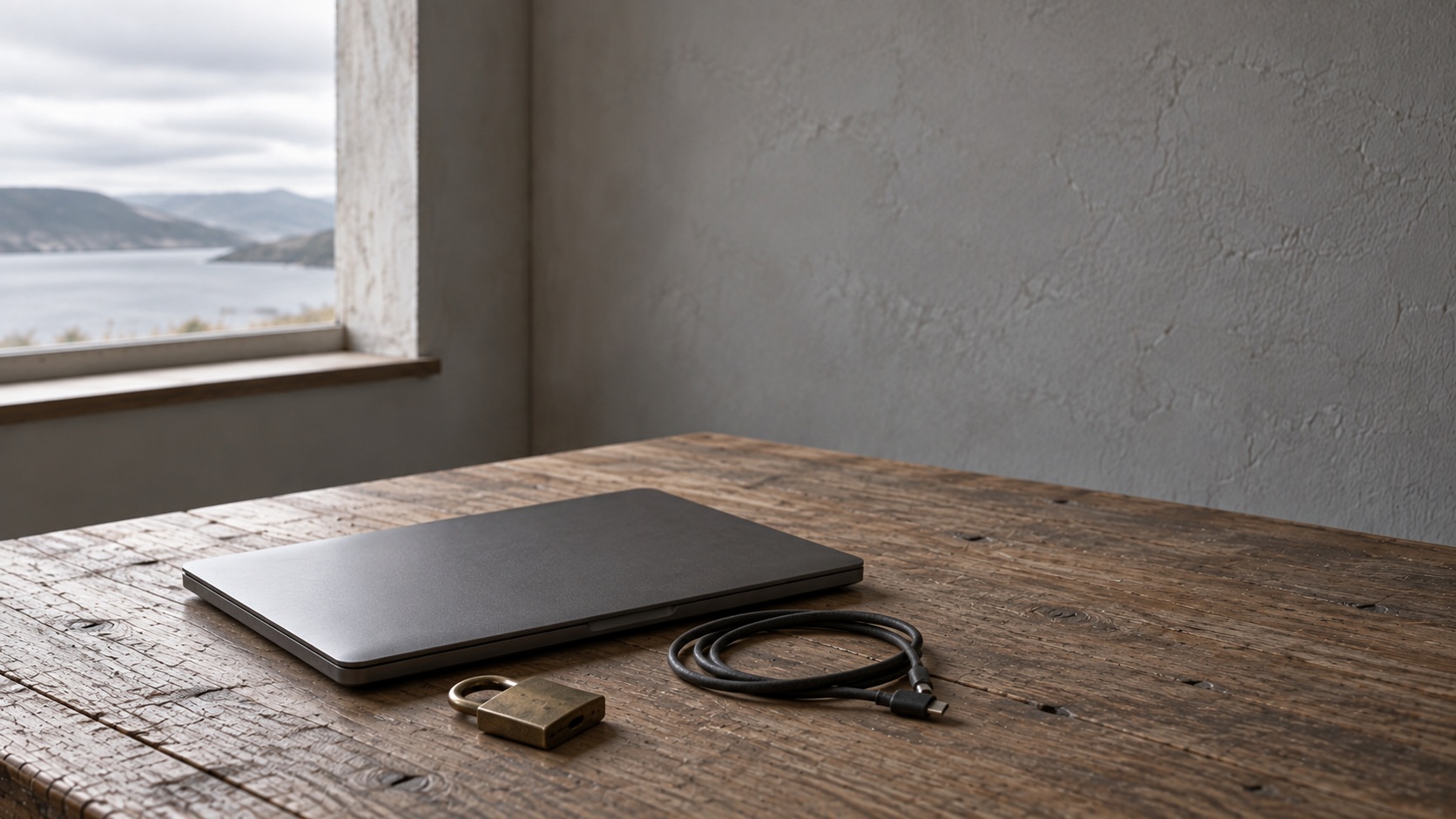 A closed brass padlock resting beside a closed laptop and a coiled cable on a wooden desk.