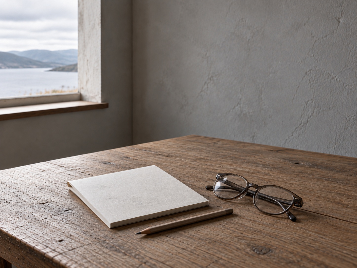 Una libreta en blanco con marcas de lápiz tenues, un lápiz y unos lentes de lectura plegados sobre un escritorio.
