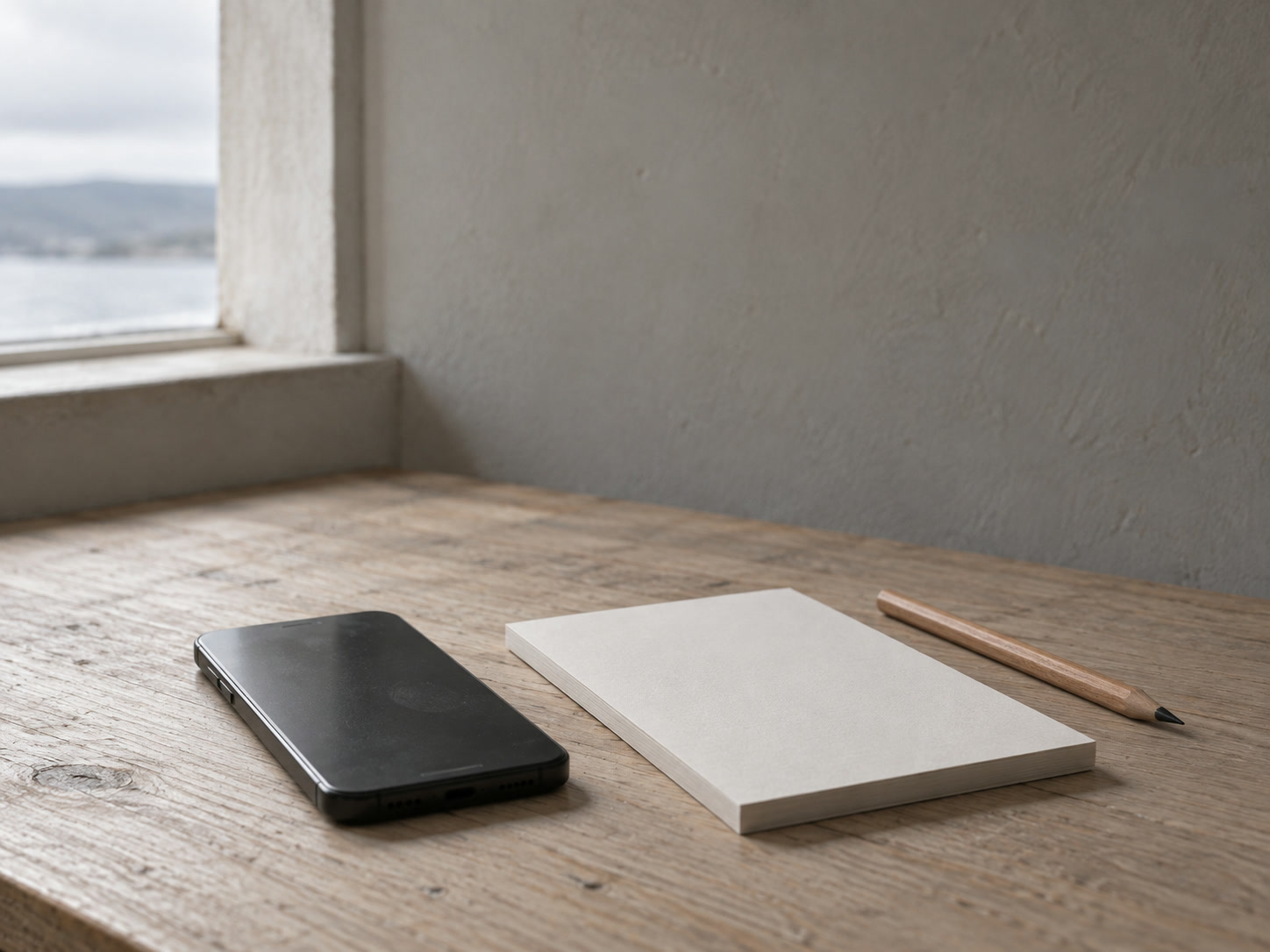 Un teléfono apagado boca abajo junto a un cuaderno en blanco y un lápiz afilado sobre un escritorio de roble claro.