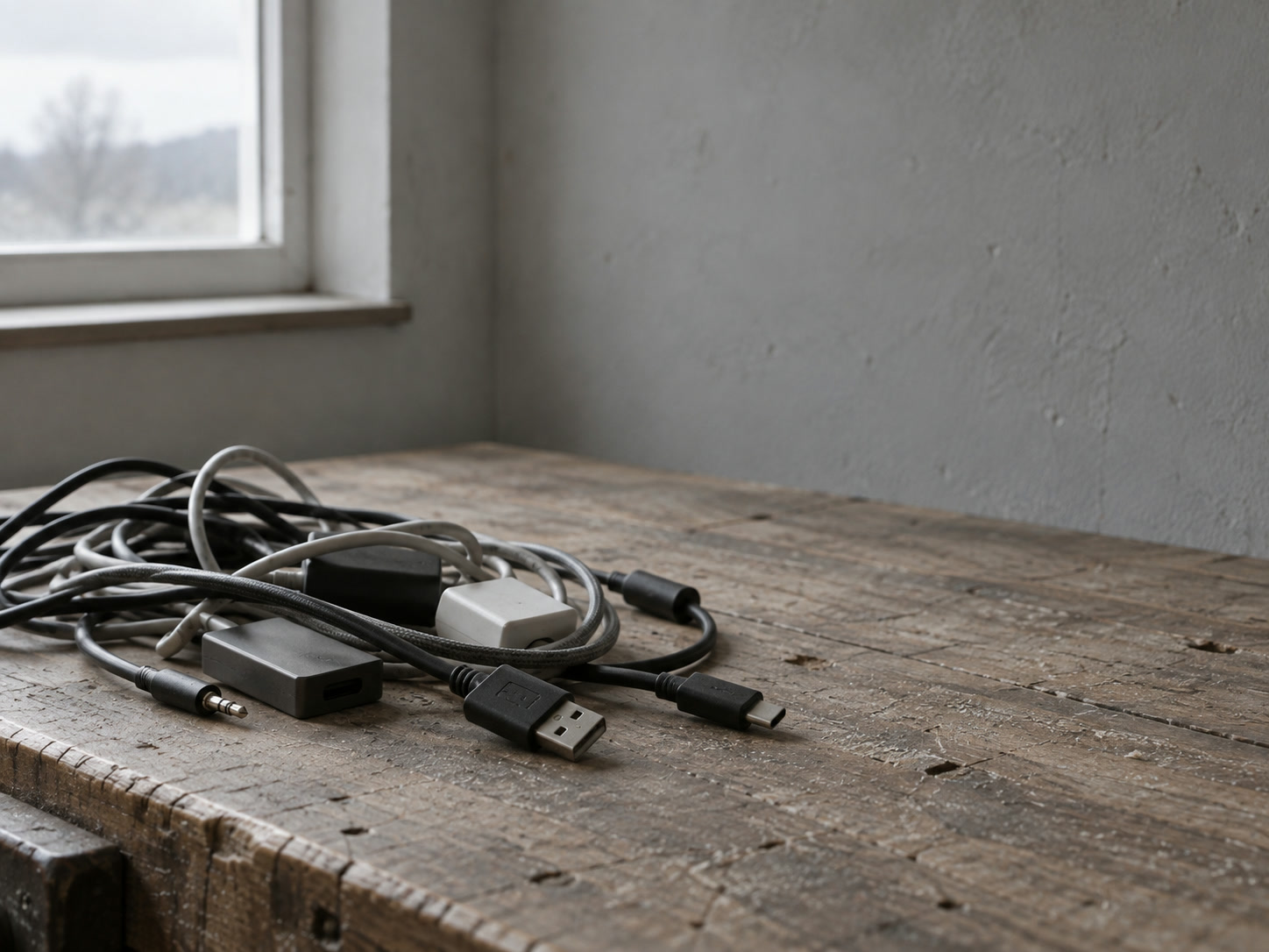 Un enredo suelto de cables desconectados y pequeños adaptadores amontonados sobre una mesa de trabajo de madera.