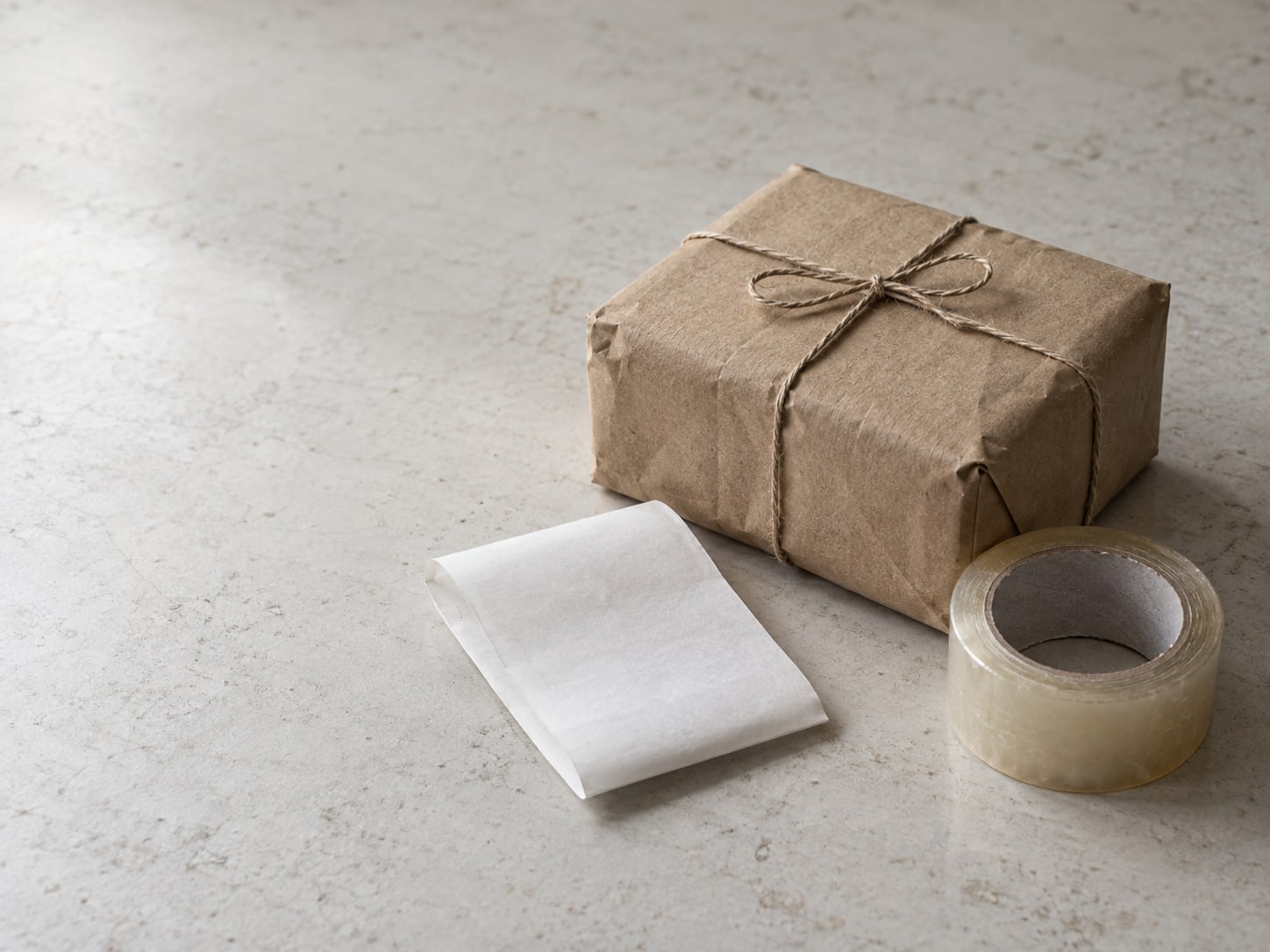 A small brown parcel tied with string next to a folded blank receipt and a roll of packing tape on a counter.