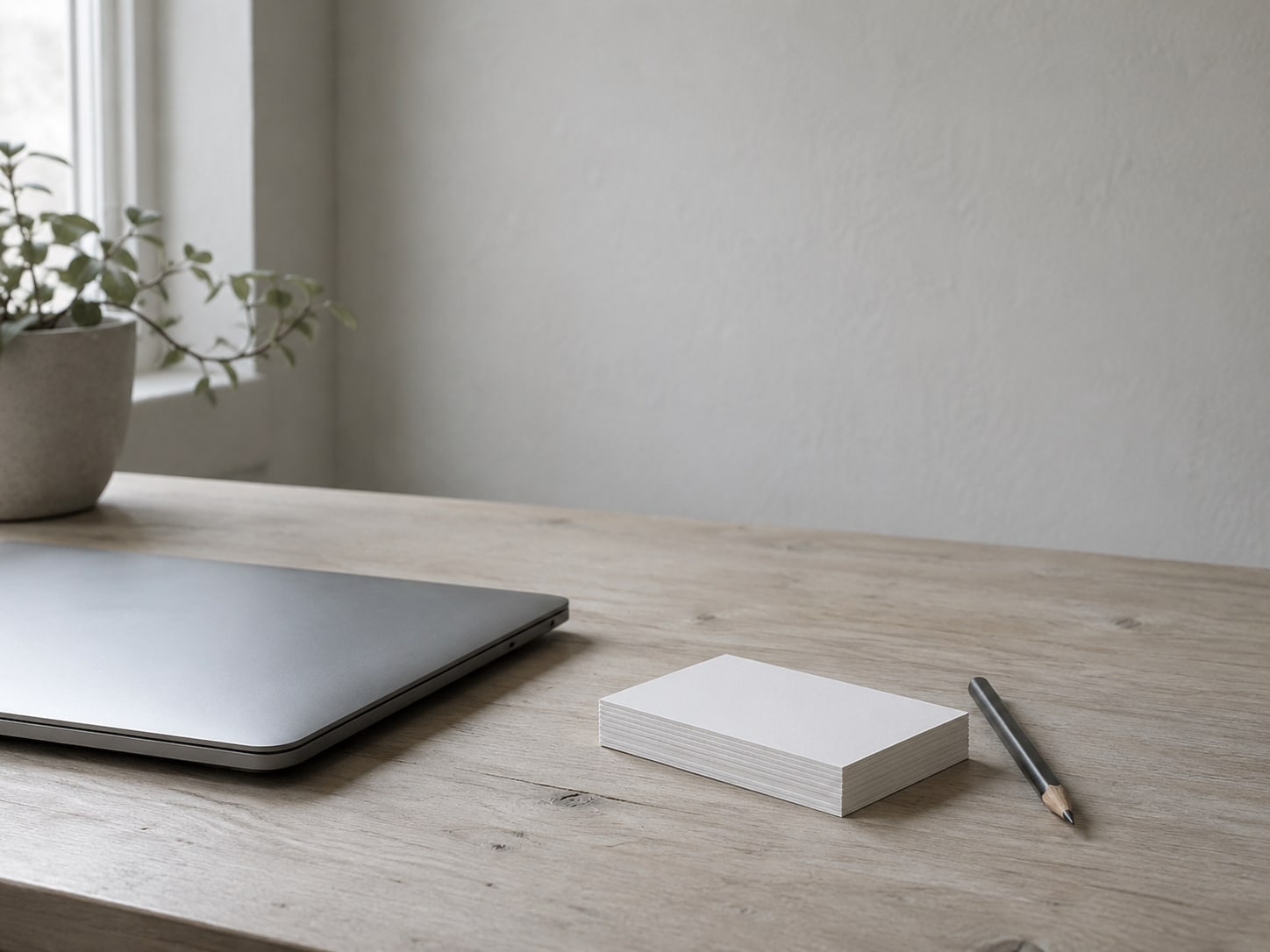 A closed laptop beside a small stack of blank index cards and a pencil on a pale wooden desk.